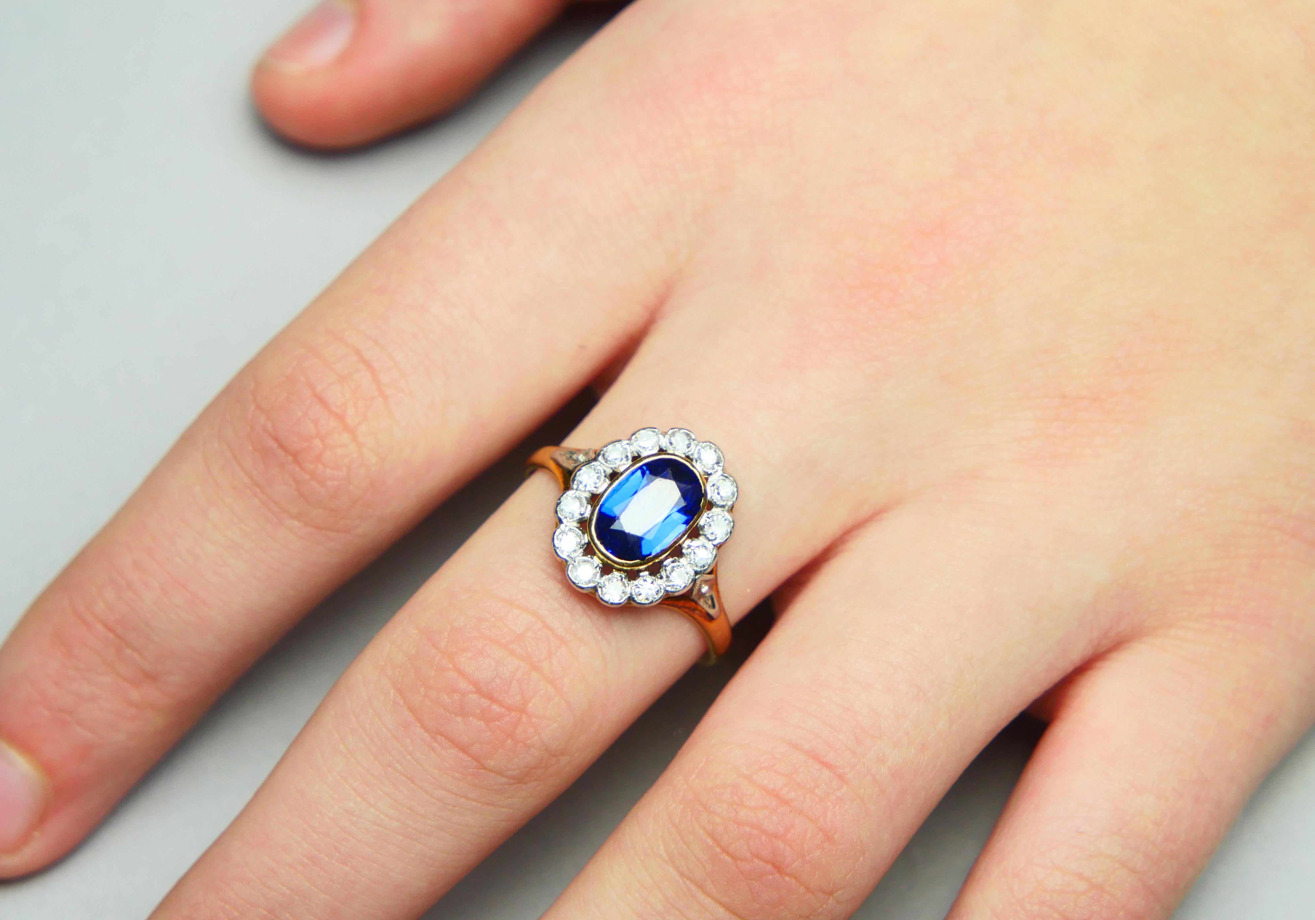 Antique halo Ring Sapphire Diamonds solid 18K Gold Platinum Ø US9.5 / 3.26gr For Sale 2