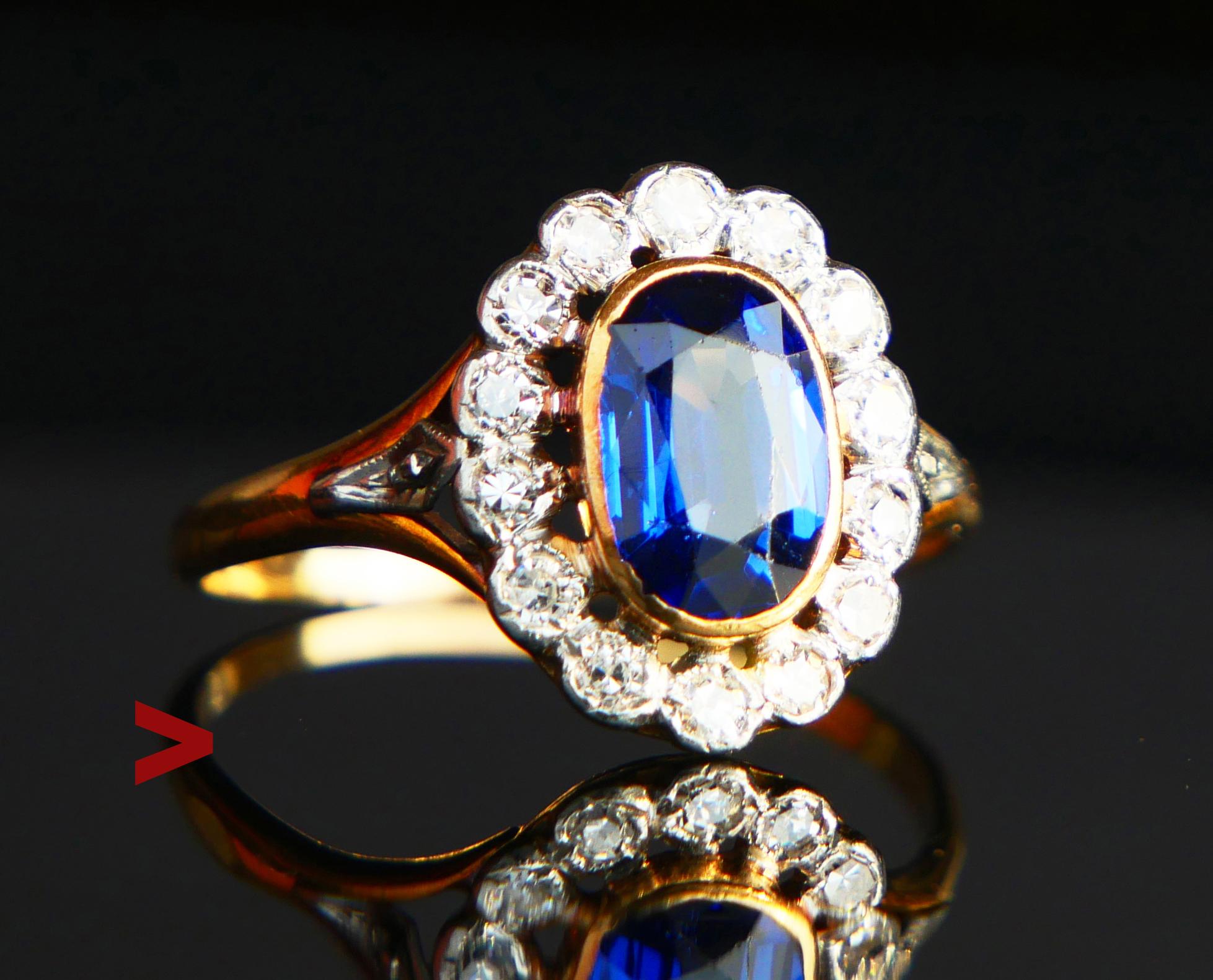 Antiker Halo Ring Saphir Diamanten massiv 18K Gold Platin Ø US9.5 / 3.26gr im Angebot 3