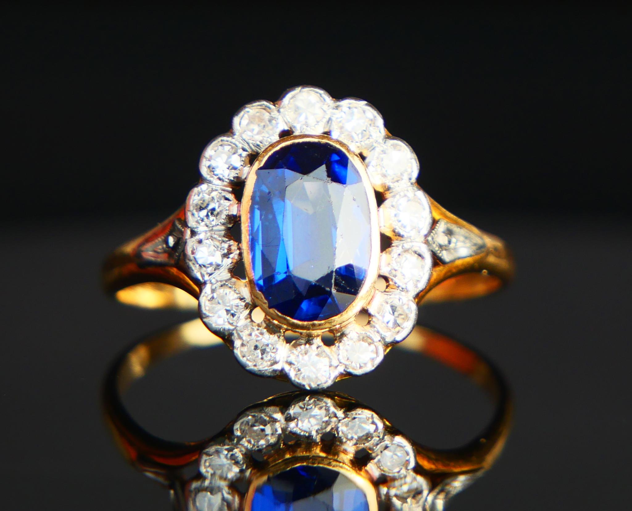 Antique halo Ring Sapphire Diamonds solid 18K Gold Platinum Ø US9.5 / 3.26gr For Sale 4