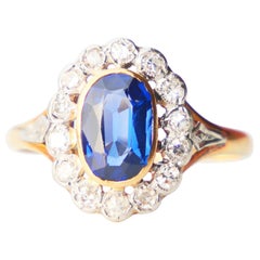Antiker Halo Ring Saphir Diamanten massiv 18K Gold Platin Ø US9.5 / 3.26gr