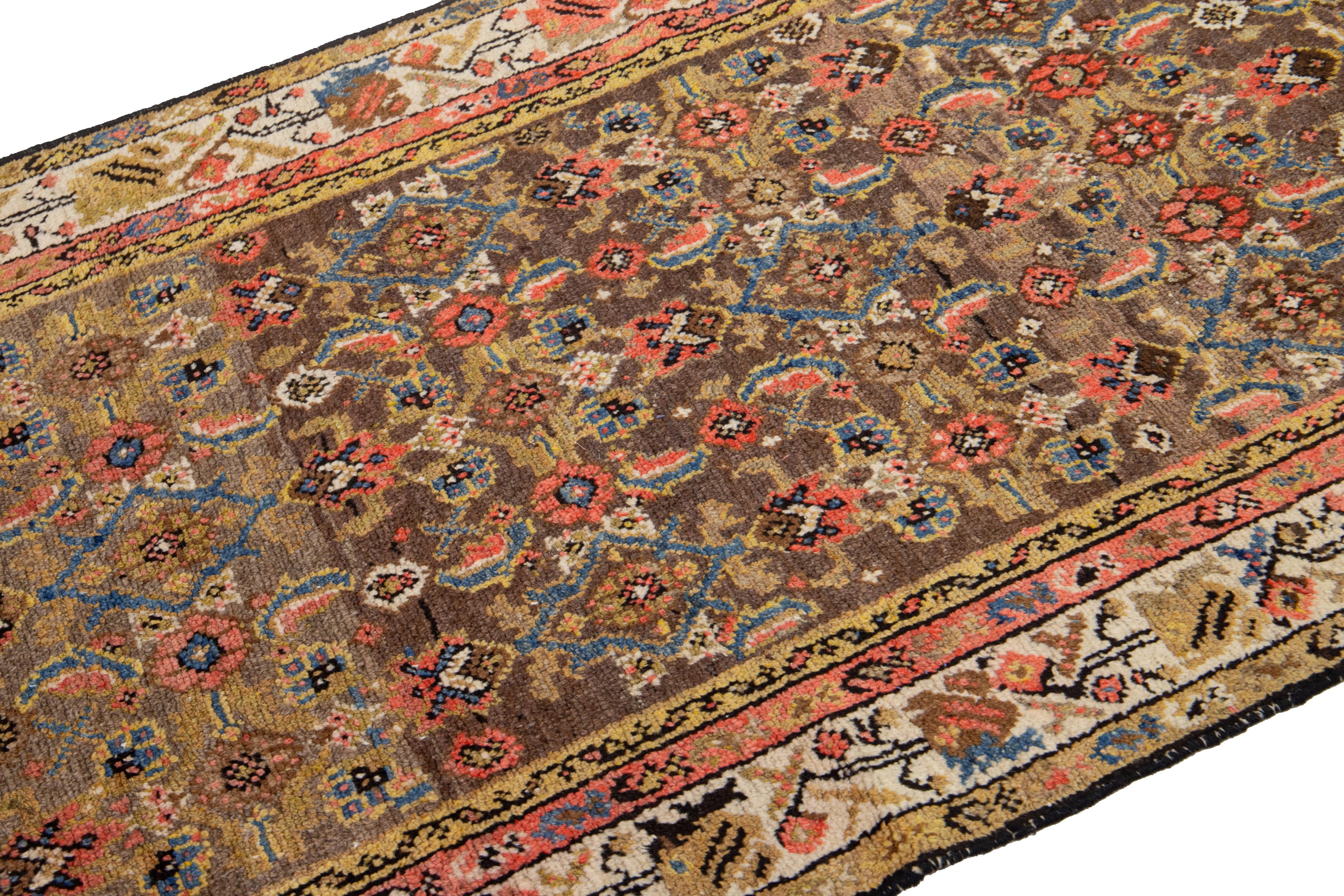 Islamic Antique Hamadan Floral Wool Runner Handmade In Brown and Rust  For Sale