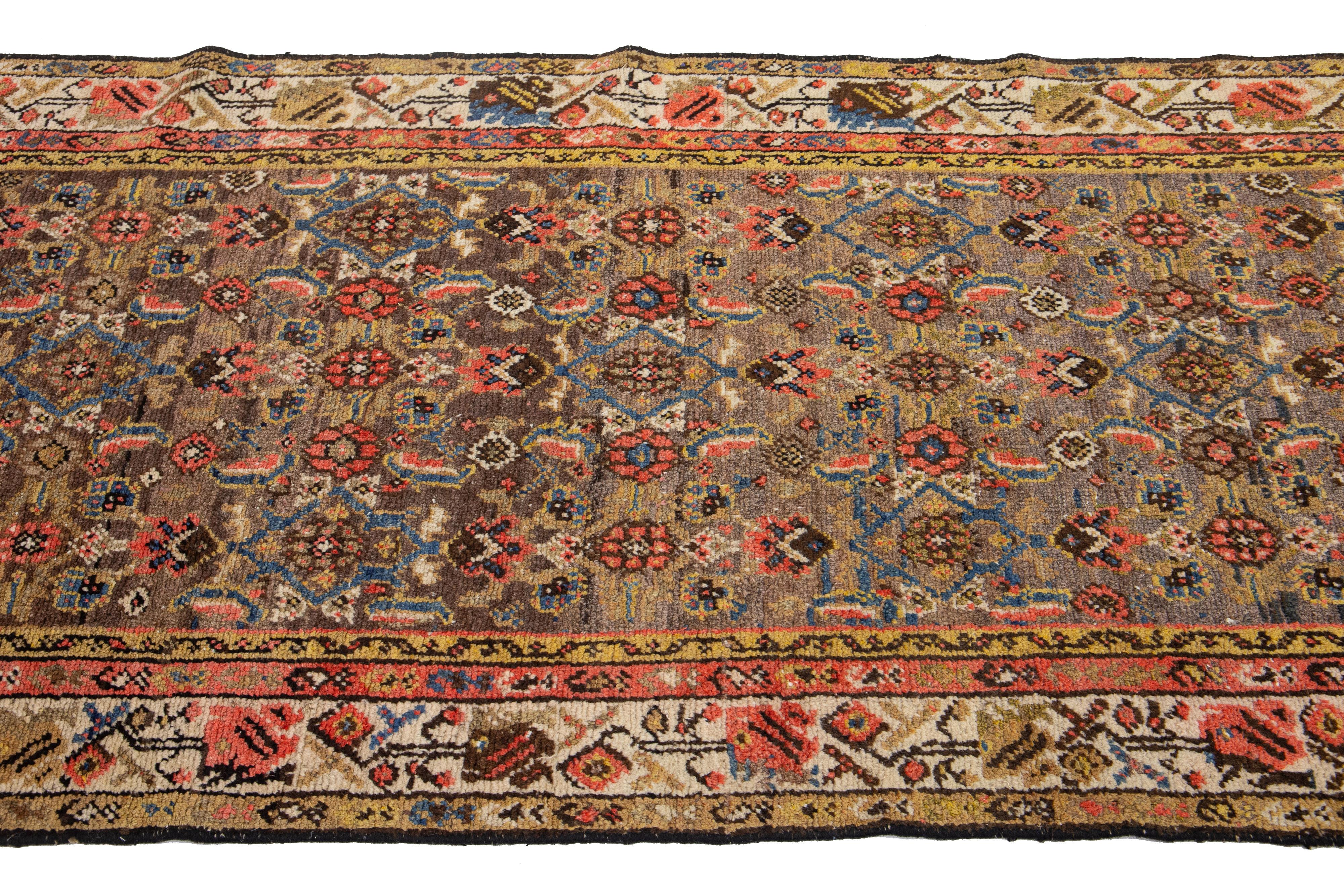 Persian Antique Hamadan Floral Wool Runner Handmade In Brown and Rust  For Sale