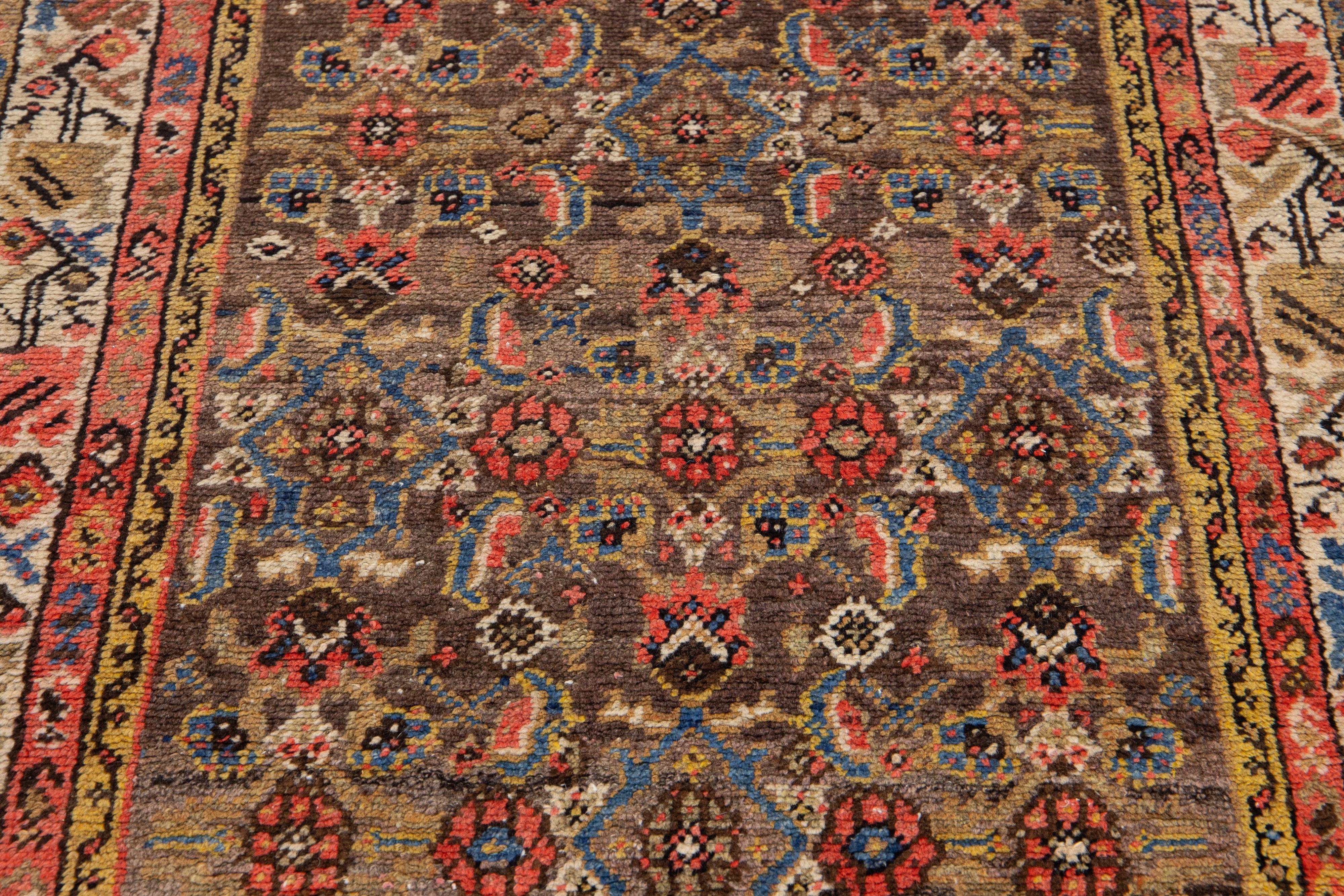Antique Hamadan Floral Wool Runner Handmade In Brown and Rust  In Good Condition For Sale In Norwalk, CT