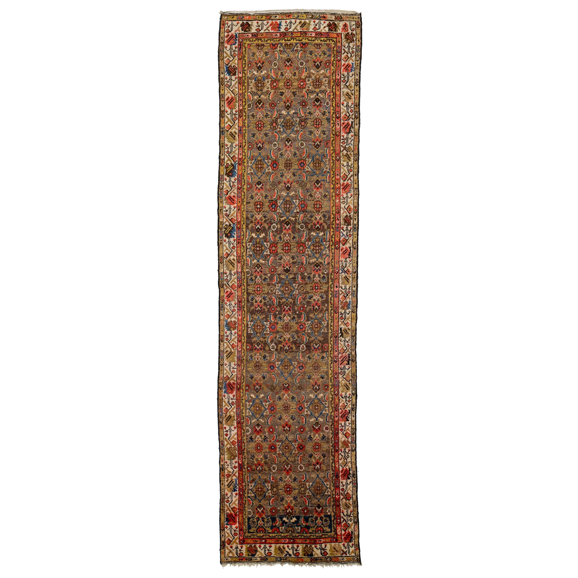 Antique Hamadan Floral Wool Runner Handmade In Brown and Rust For Sale
