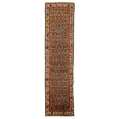 Antique Hamadan Floral Wool Runner Handmade In Brown and Rust
