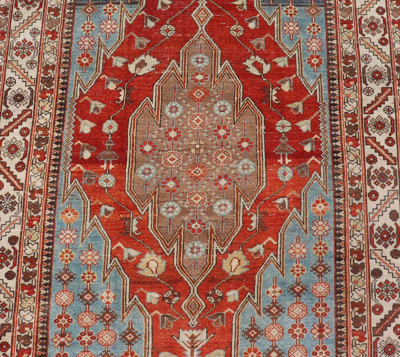 Antique Hamadan Gallery Rug with Geometric Medallions in Red, Blue and Brown For Sale 2