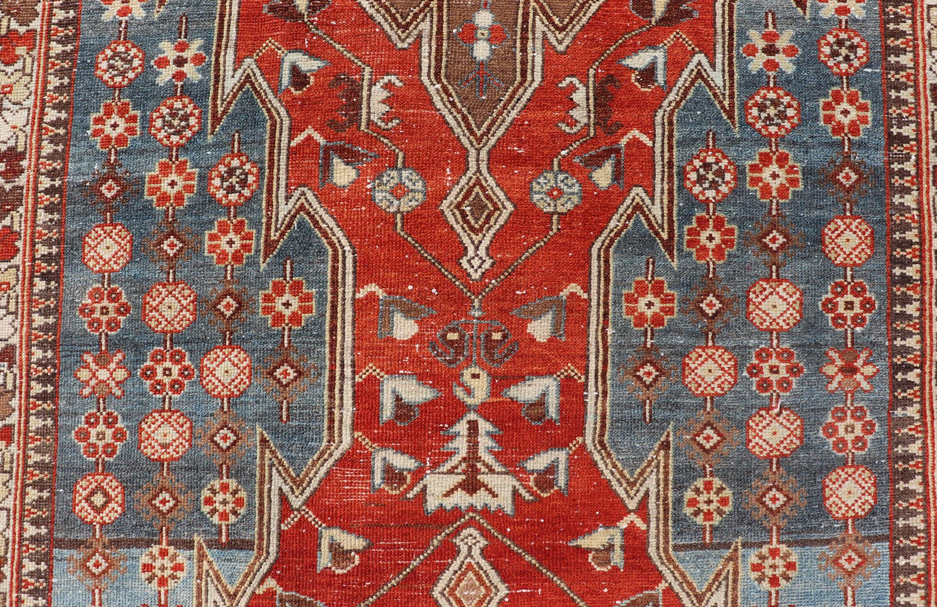 Antique Hamadan Gallery Rug with Geometric Medallions in Red, Blue and Brown For Sale 3