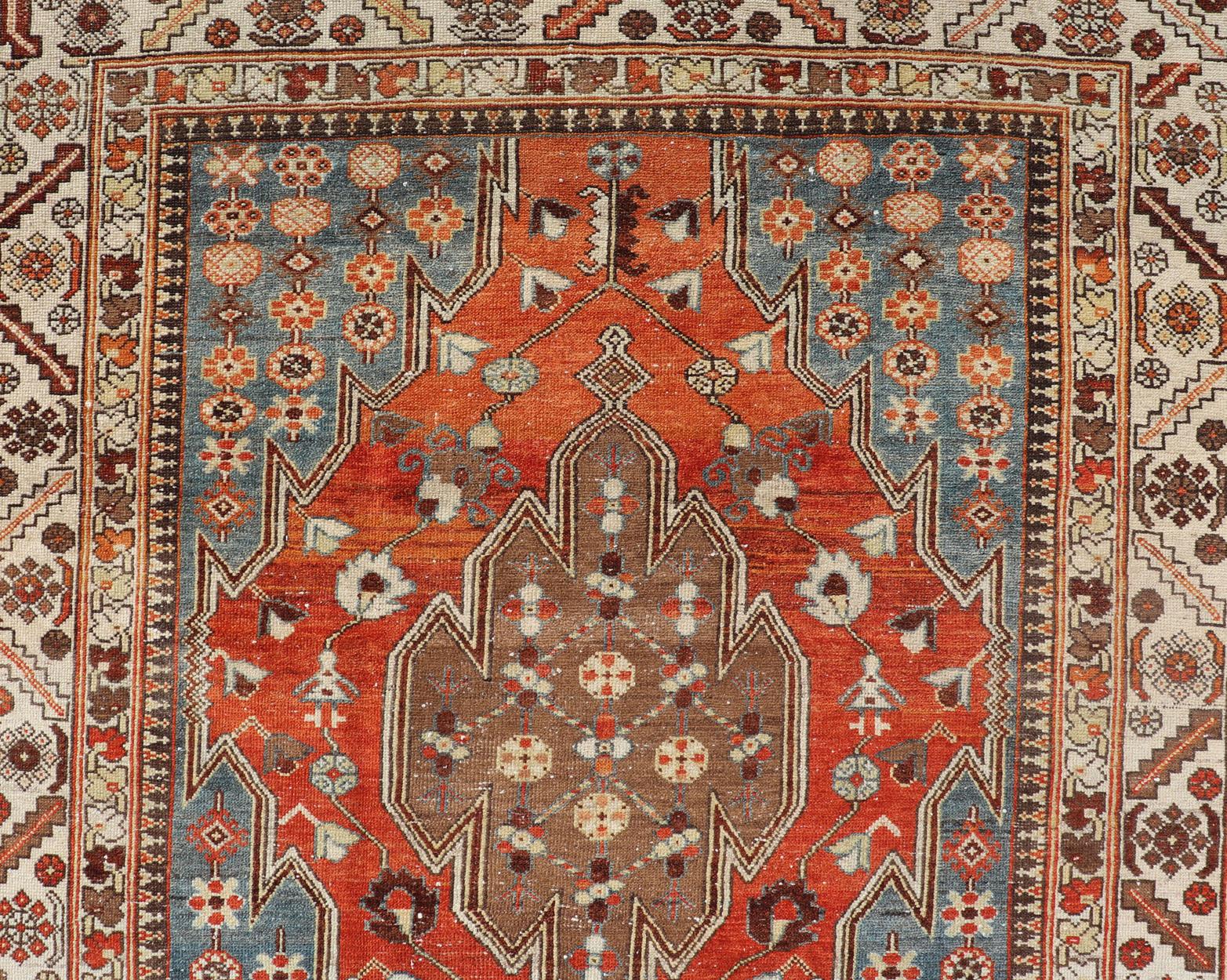 Antique Hamadan Gallery Rug with Geometric Medallions in Red, Blue and Brown For Sale 4