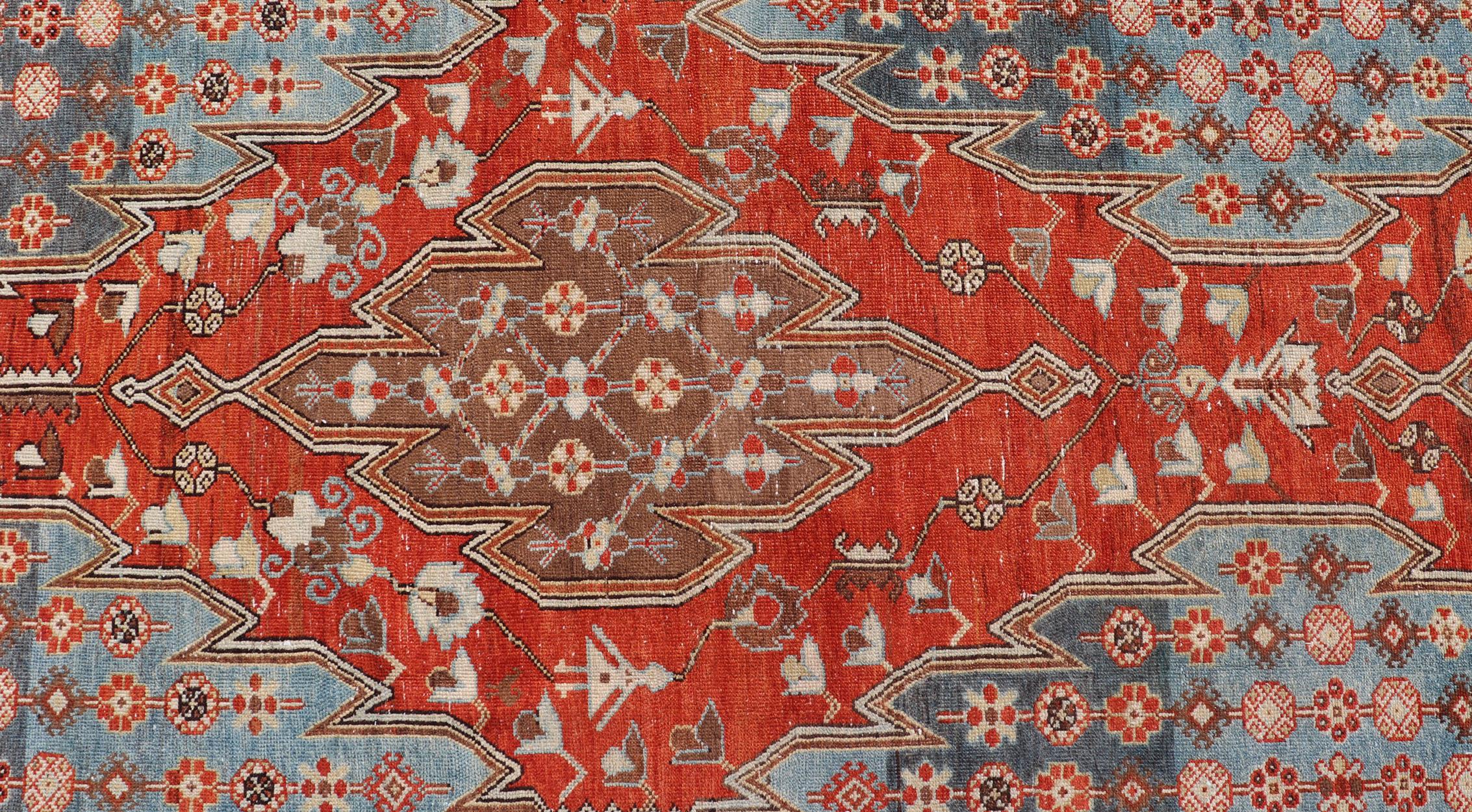 Antique Hamadan Gallery Rug with Geometric Medallions in Red, Blue and Brown For Sale 5