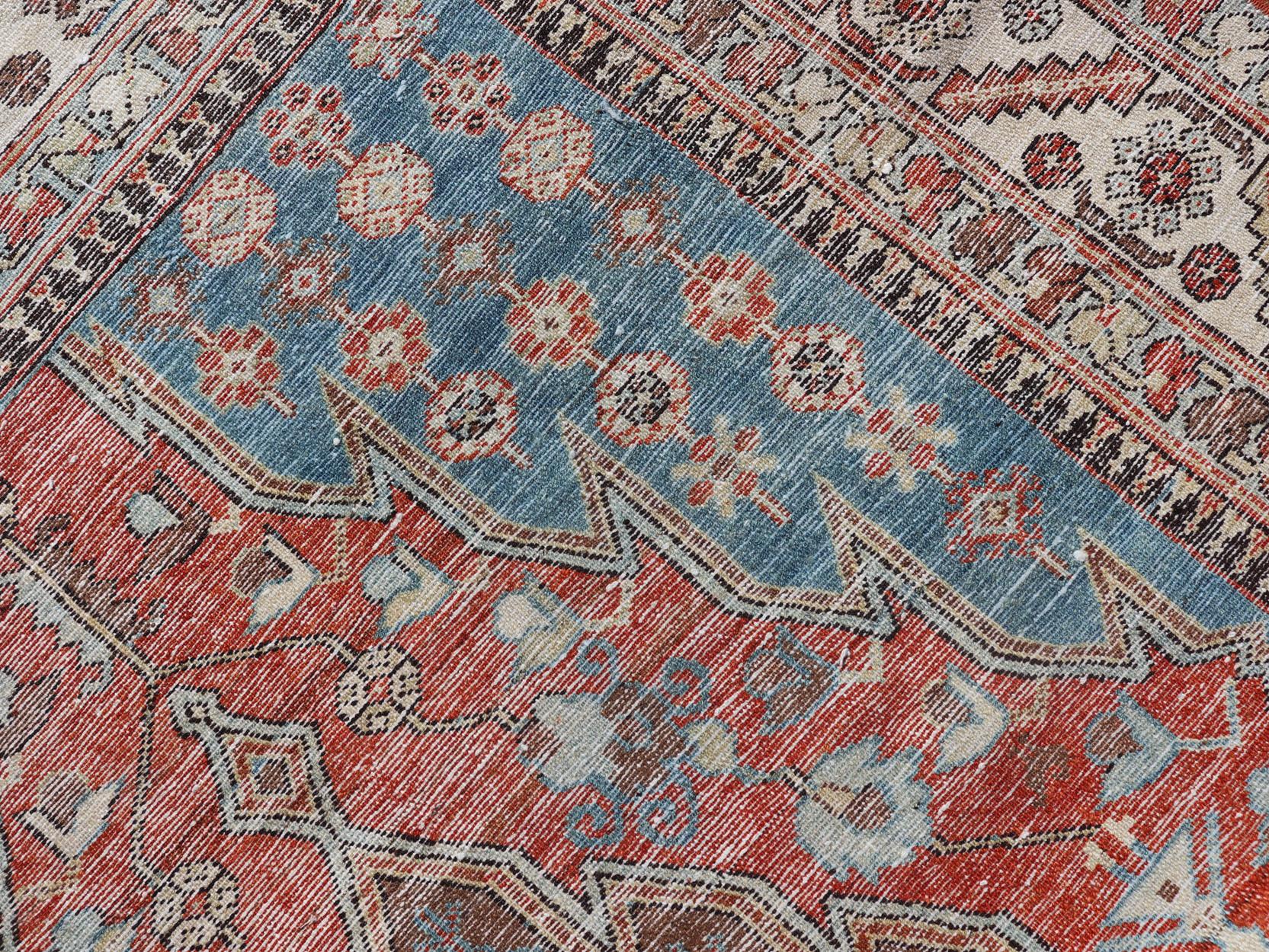 Antique Hamadan Gallery Rug with Geometric Medallions in Red, Blue and Brown For Sale 7