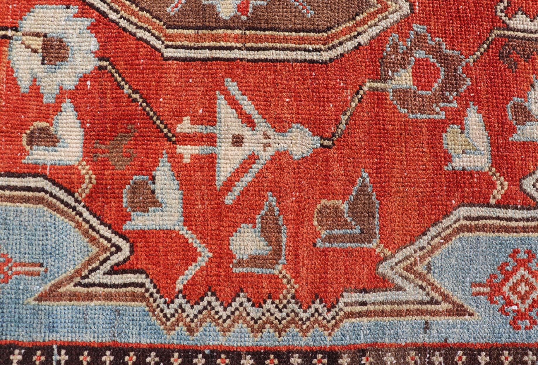 Malayer Antique Hamadan Gallery Rug with Geometric Medallions in Red, Blue and Brown For Sale