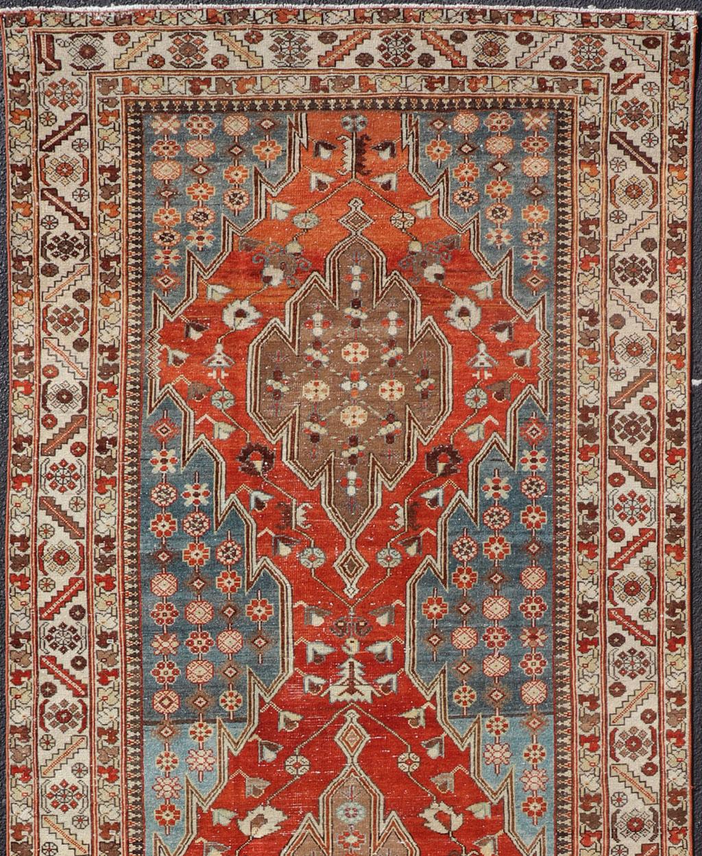 Hand-Knotted Antique Hamadan Gallery Rug with Geometric Medallions in Red, Blue and Brown For Sale