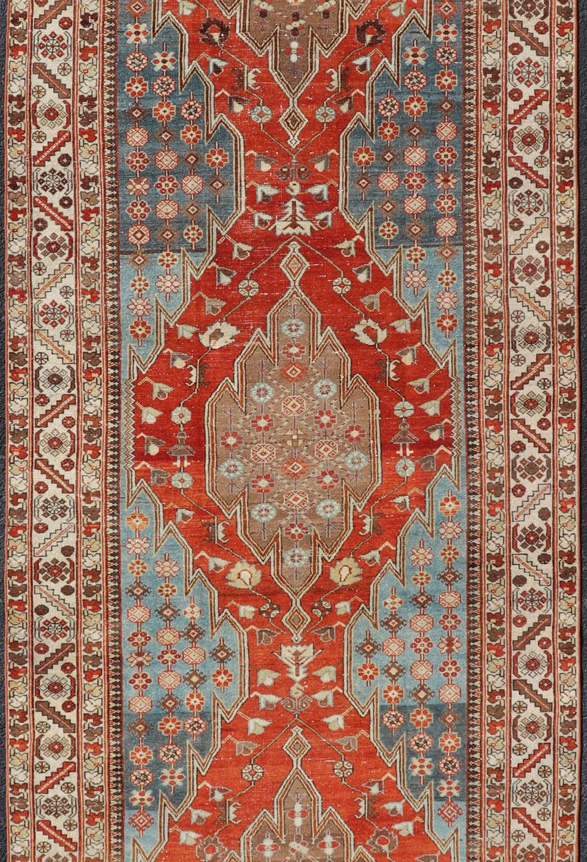 Antique Hamadan Gallery Rug with Geometric Medallions in Red, Blue and Brown In Good Condition For Sale In Atlanta, GA