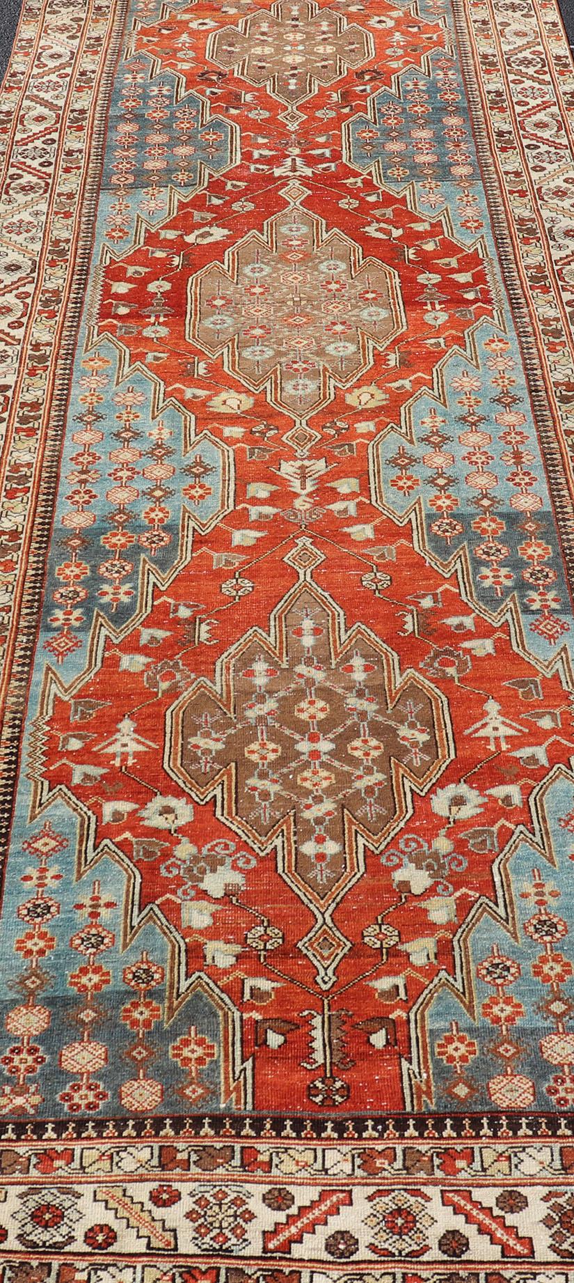 Wool Antique Hamadan Gallery Rug with Geometric Medallions in Red, Blue and Brown For Sale