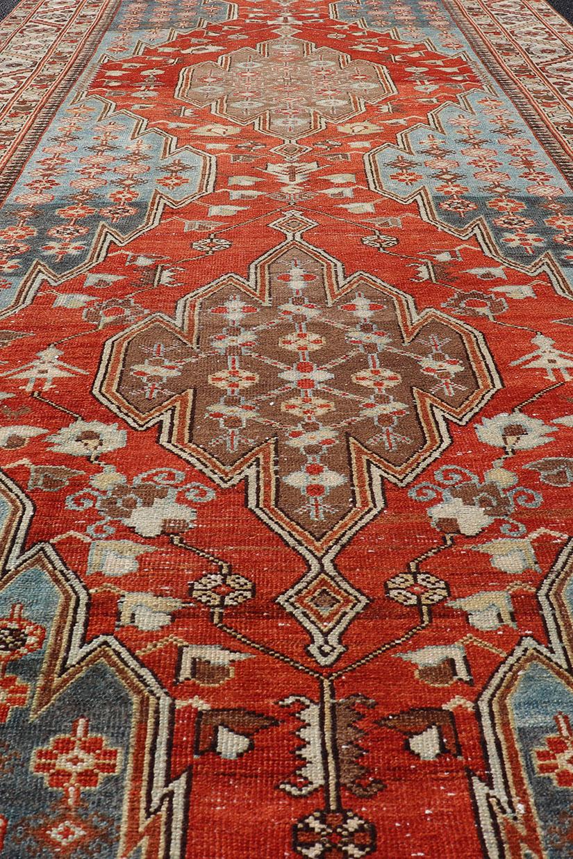 Antique Hamadan Gallery Rug with Geometric Medallions in Red, Blue and Brown For Sale 1