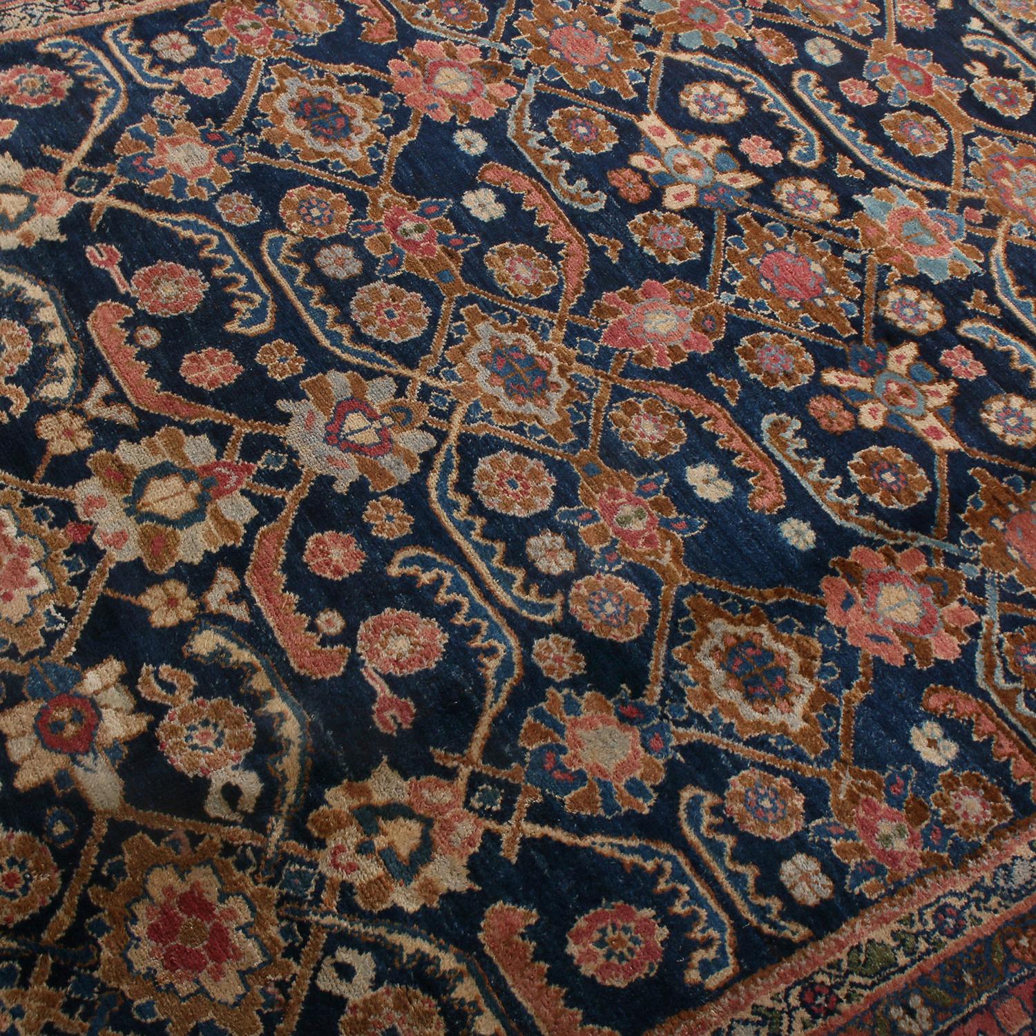 Hand-Knotted Antique Hamadan Geometric-Floral Red and Navy Blue Wool Persian Rug