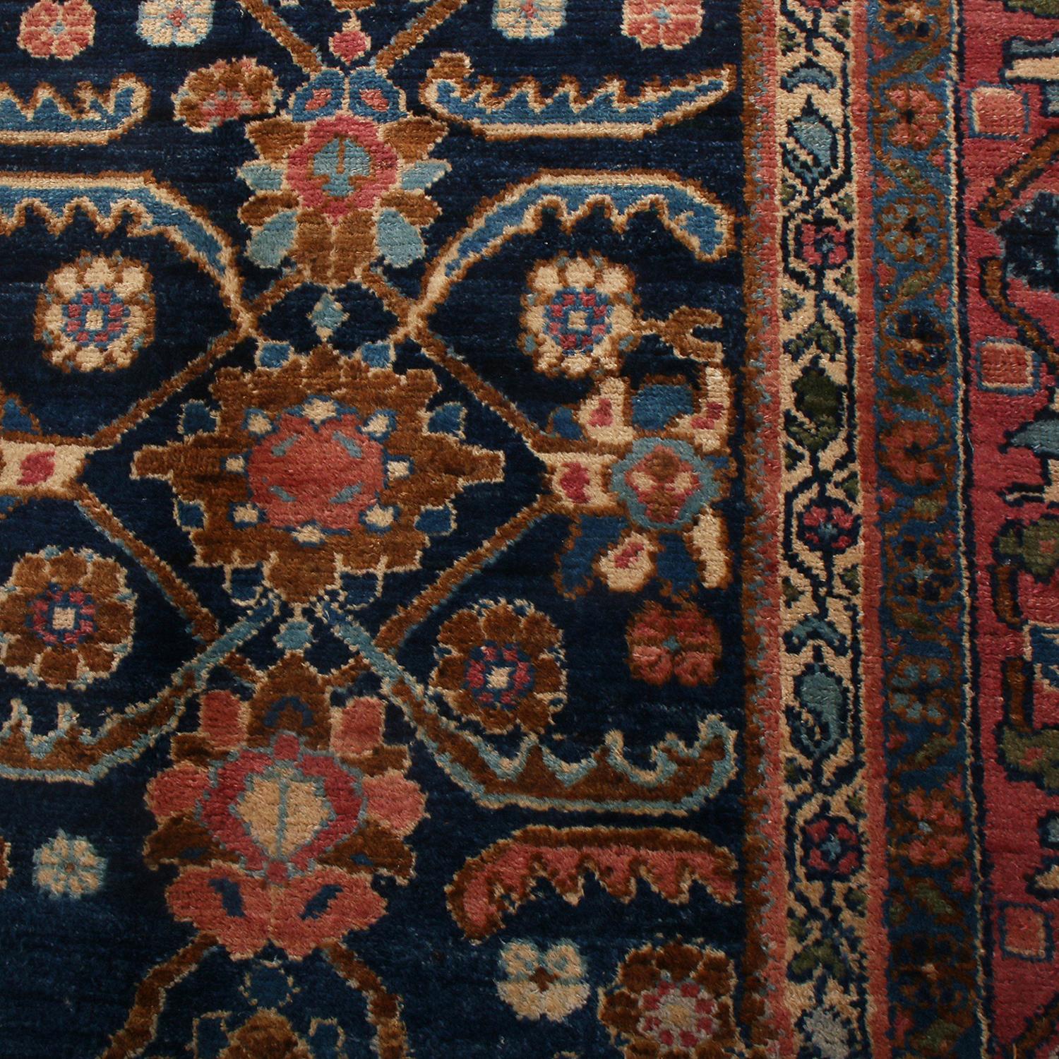 Antique Geometric-Floral Red and Navy Blue Wool Persian Rug by Rug & Kilim In Good Condition For Sale In Long Island City, NY