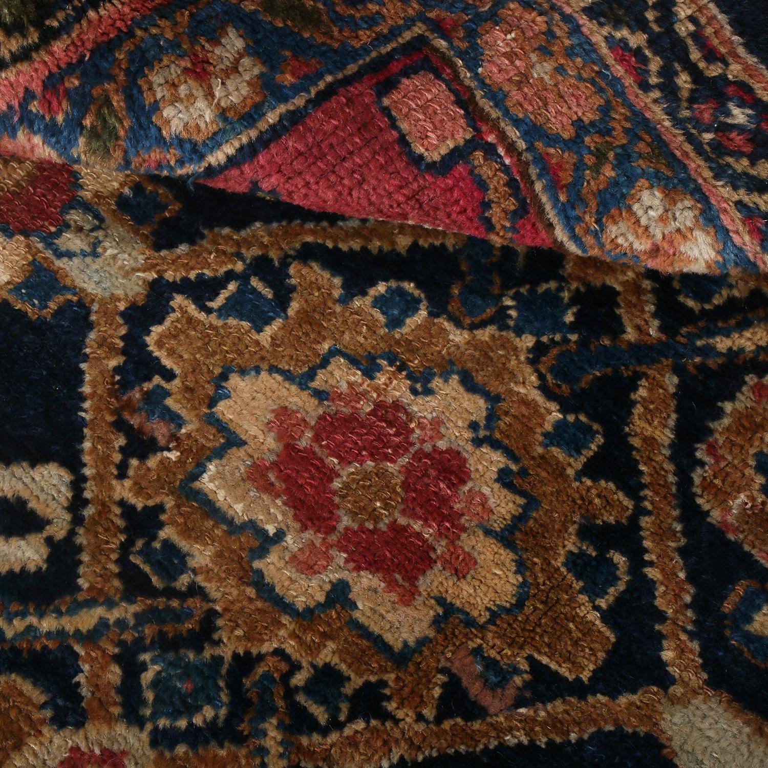 Late 19th Century Antique Hamadan Geometric-Floral Red and Navy Blue Wool Persian Rug