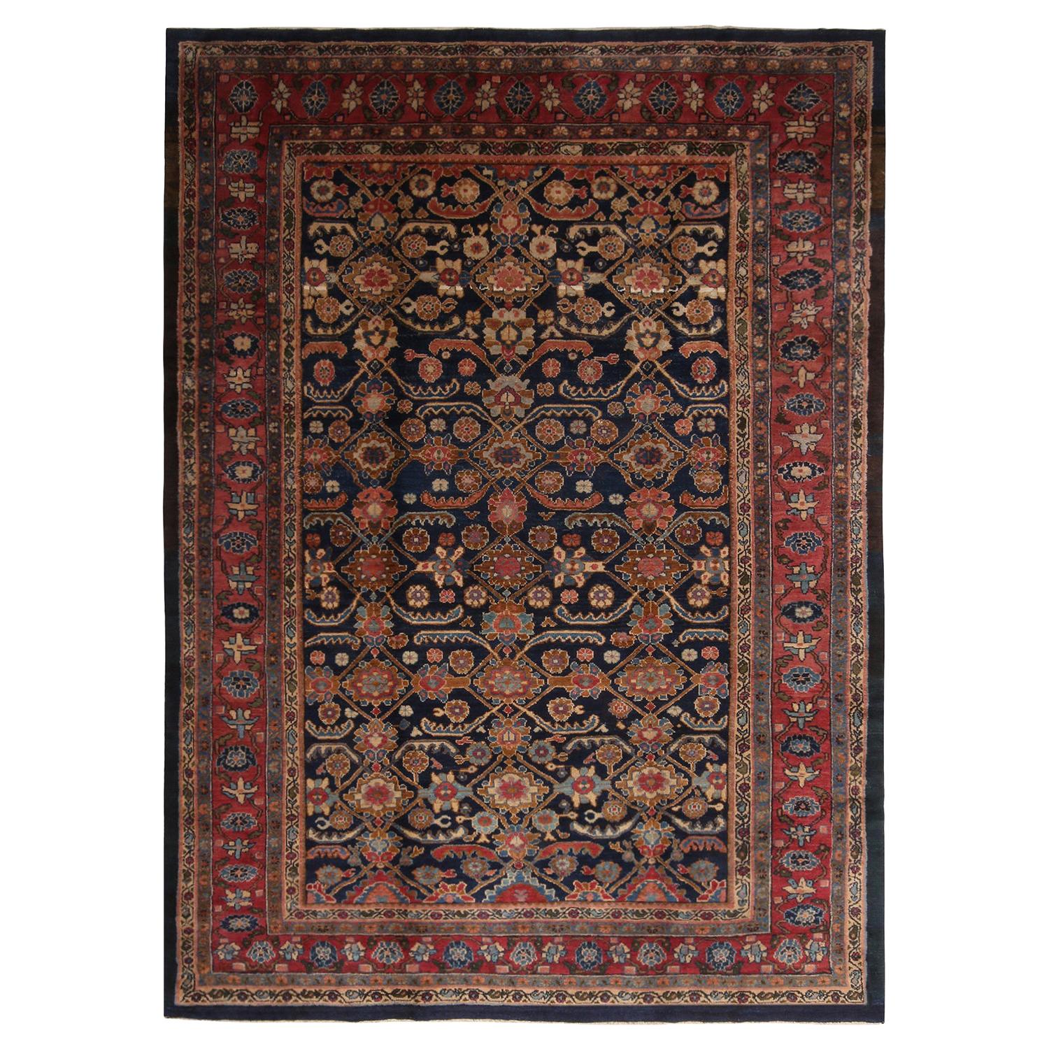 Antique Hamadan Geometric-Floral Red and Navy Blue Wool Persian Rug
