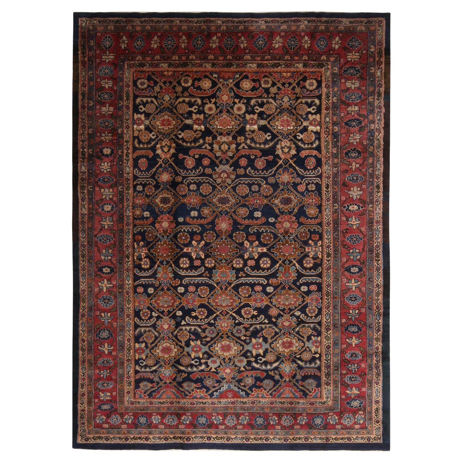 Antique Geometric-Floral Red and Navy Blue Wool Persian Rug by Rug & Kilim
