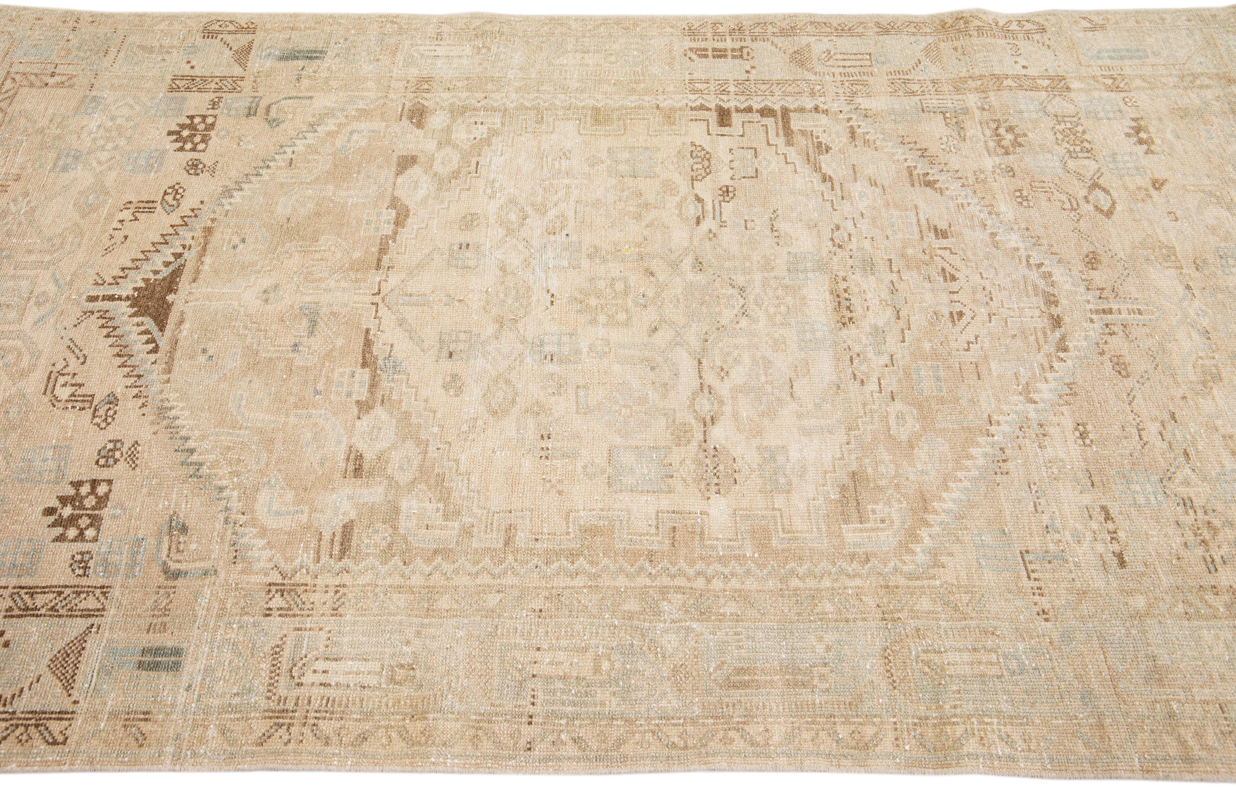 Hand-Knotted Antique Hamadan Handmade Allover Motif Beige Wool Rug For Sale