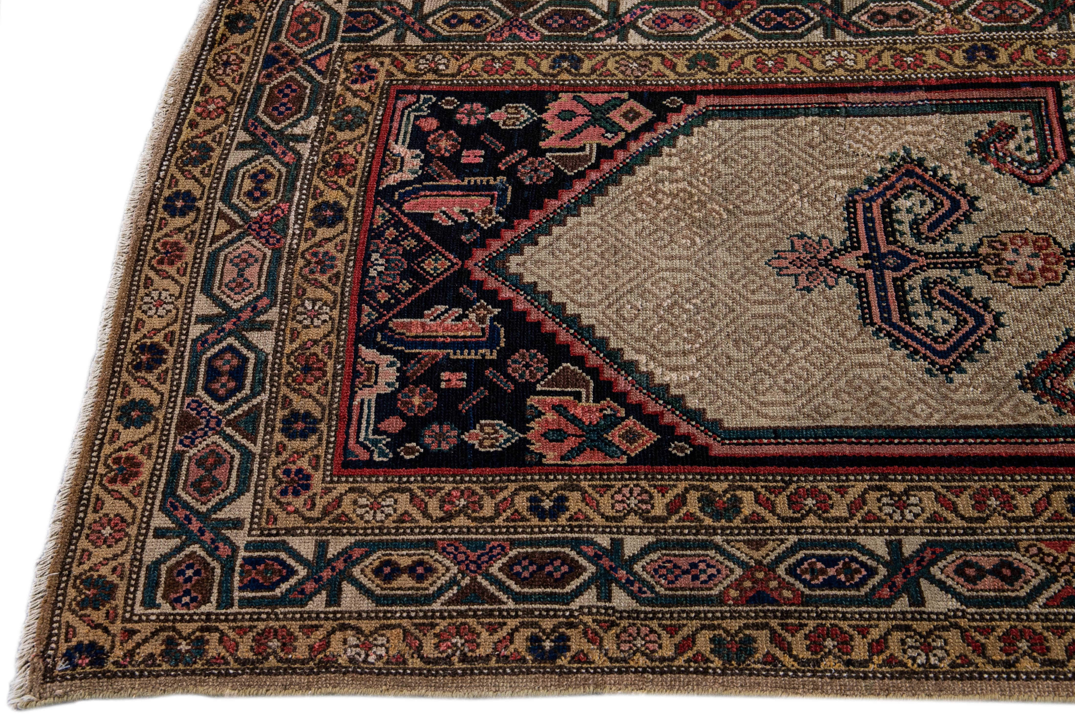 Hand-Knotted Antique Hamadan Handmade Brown Wool Runner For Sale