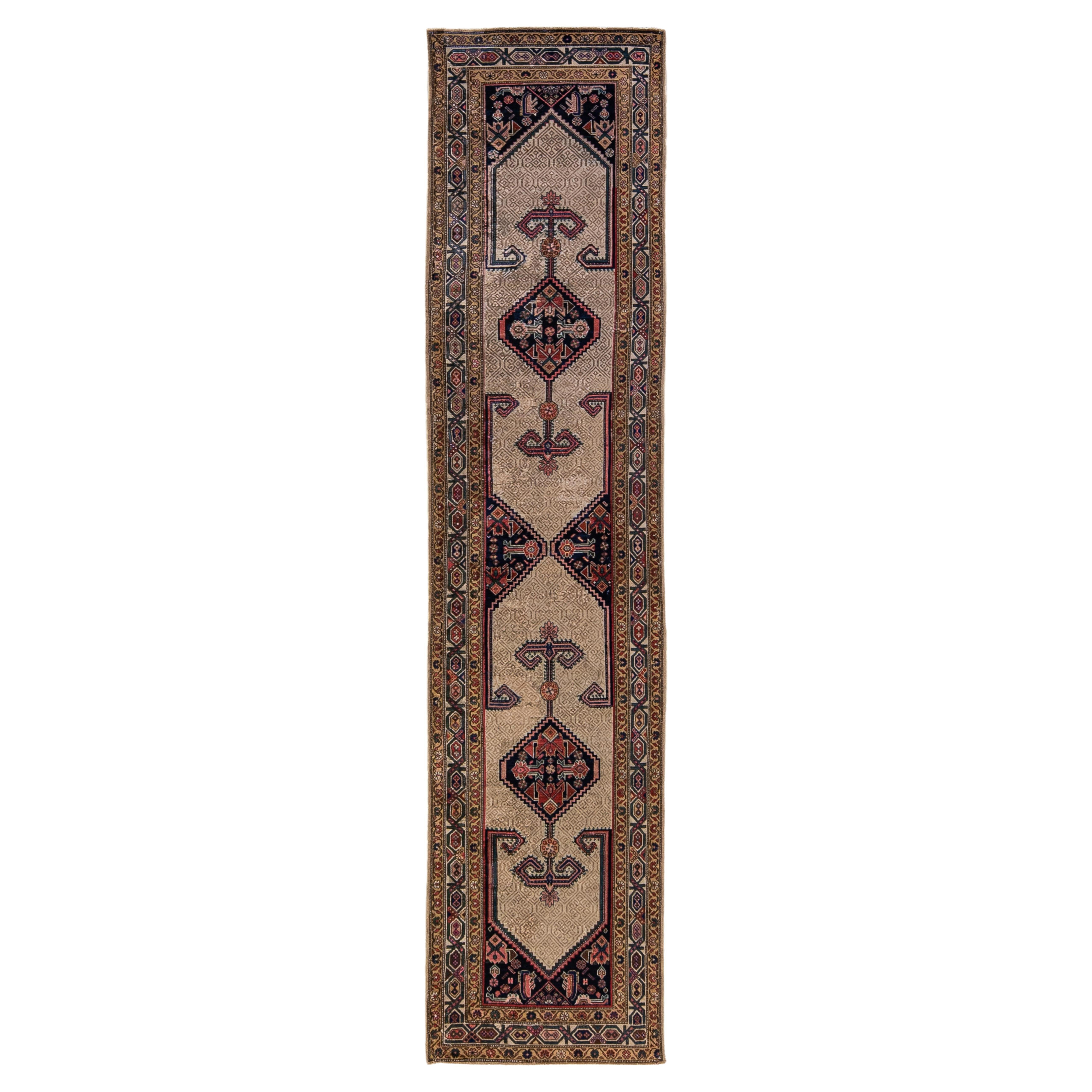 Antique Hamadan Handmade Brown Wool Runner For Sale