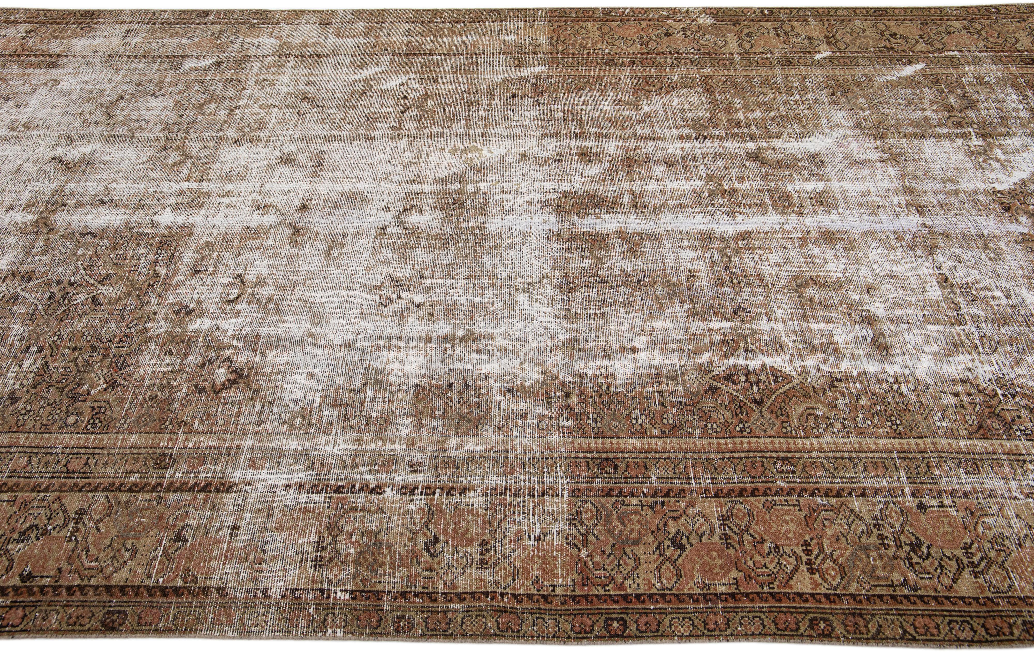 Hand-Knotted Antique Hamadan Handmade Distresses Brown Wool Rug with Allover Design For Sale