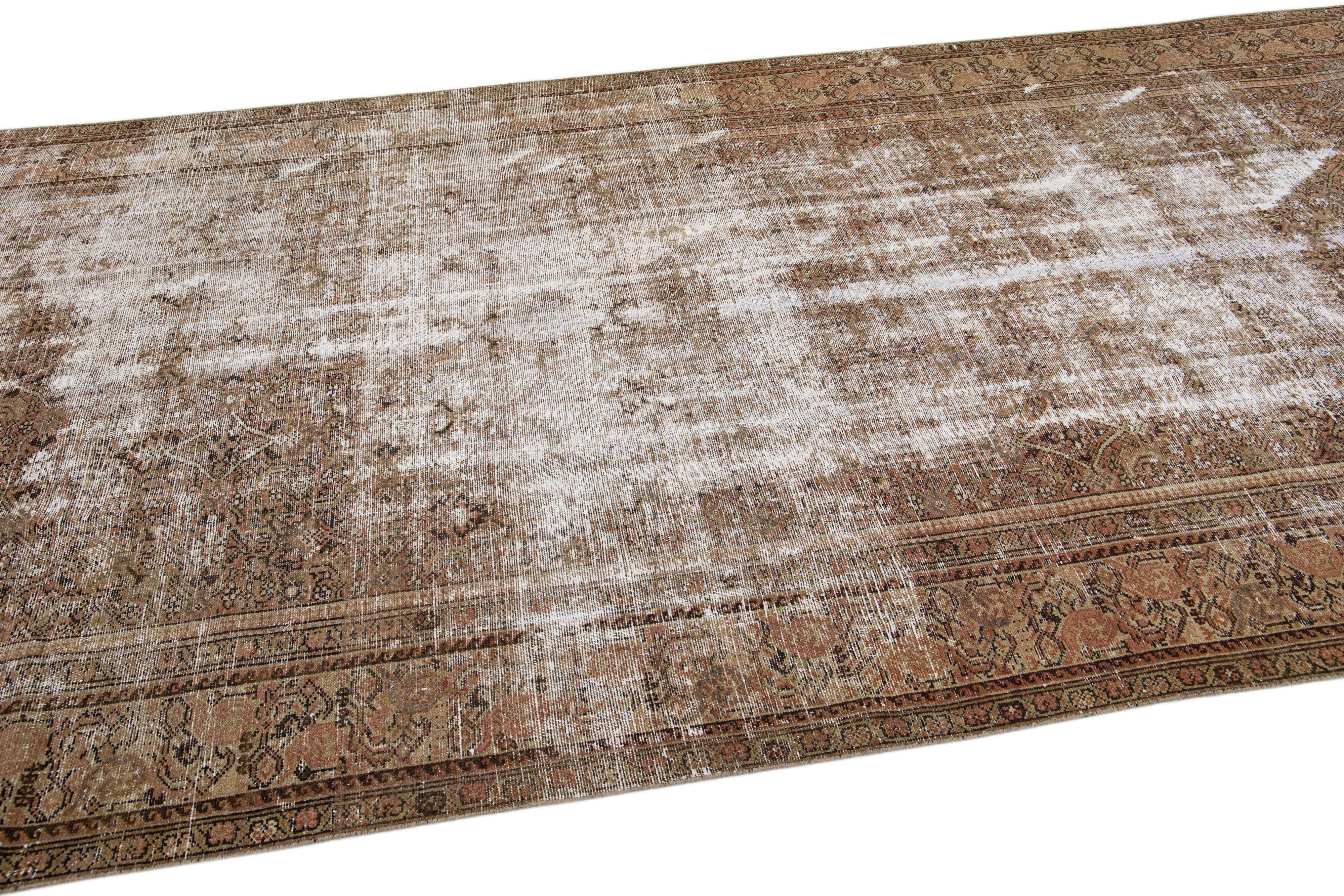 Antique Hamadan Handmade Distresses Brown Wool Rug with Allover Design In Good Condition For Sale In Norwalk, CT