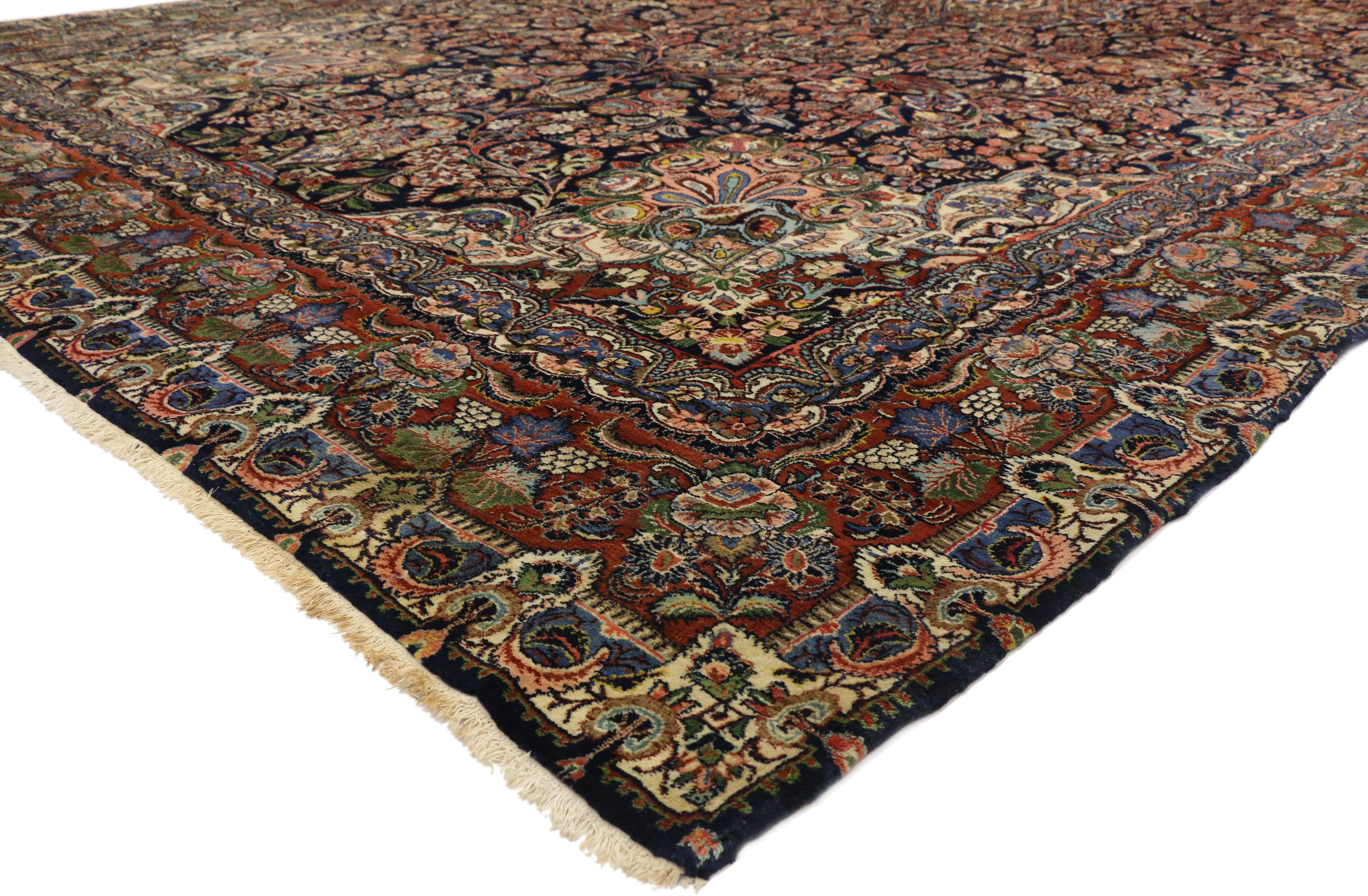 77214 Oversized Antique Hamadan Persian Rug, 10'11 x 18'08.
Maximalist style meets Baroque exuberance in this oversized antique Persian Hamadan rug. The elaborate details and lavish colors woven into this piece work together creating a look of