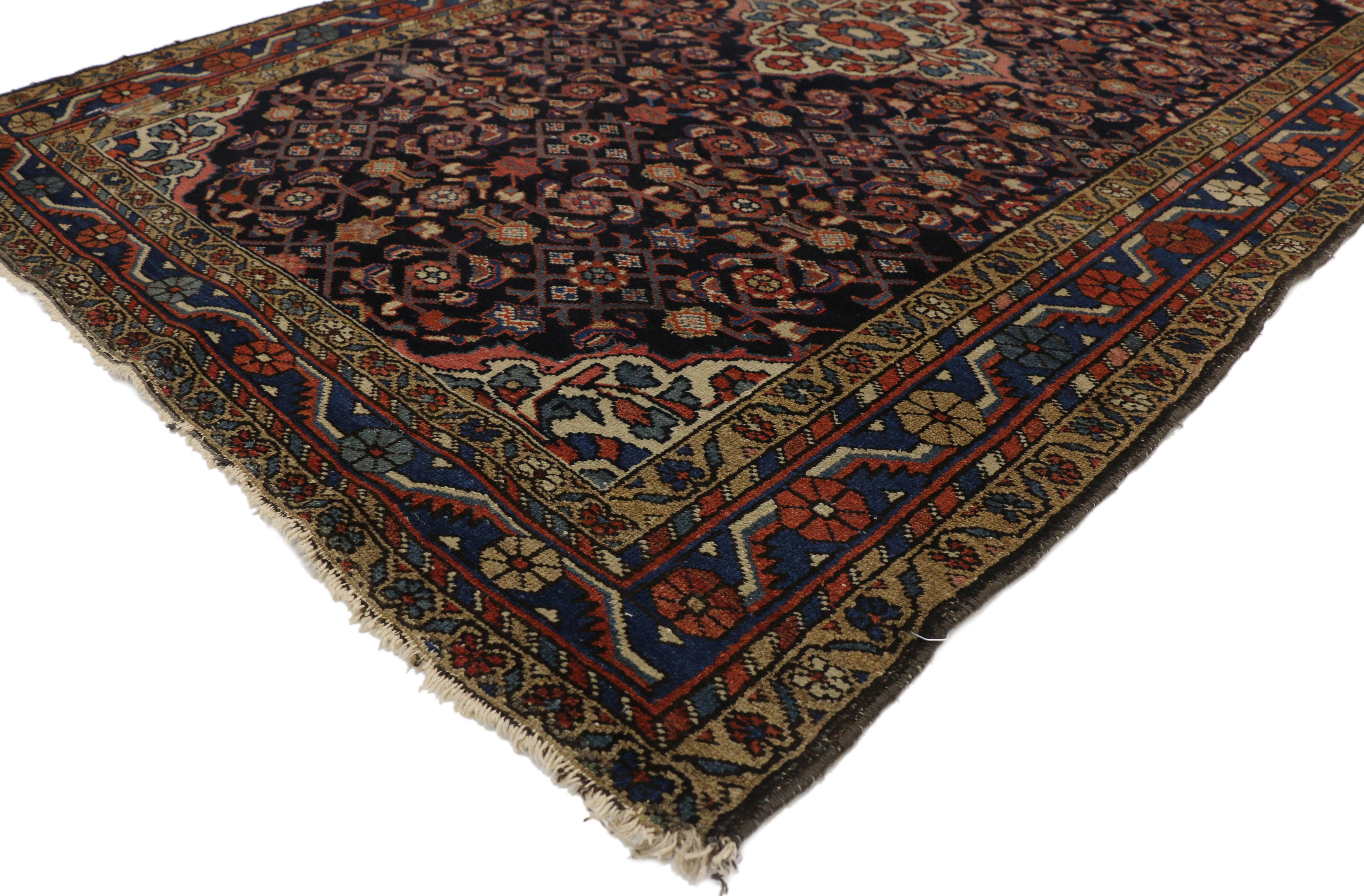 73277 Antique Hamadan Persian Rug with Herati Design. Providing an element of comfort, artistic statement and functional versatility, this antique Hamadan Persian rug with Herati design creates a quiet sophistication and soothing elegance.