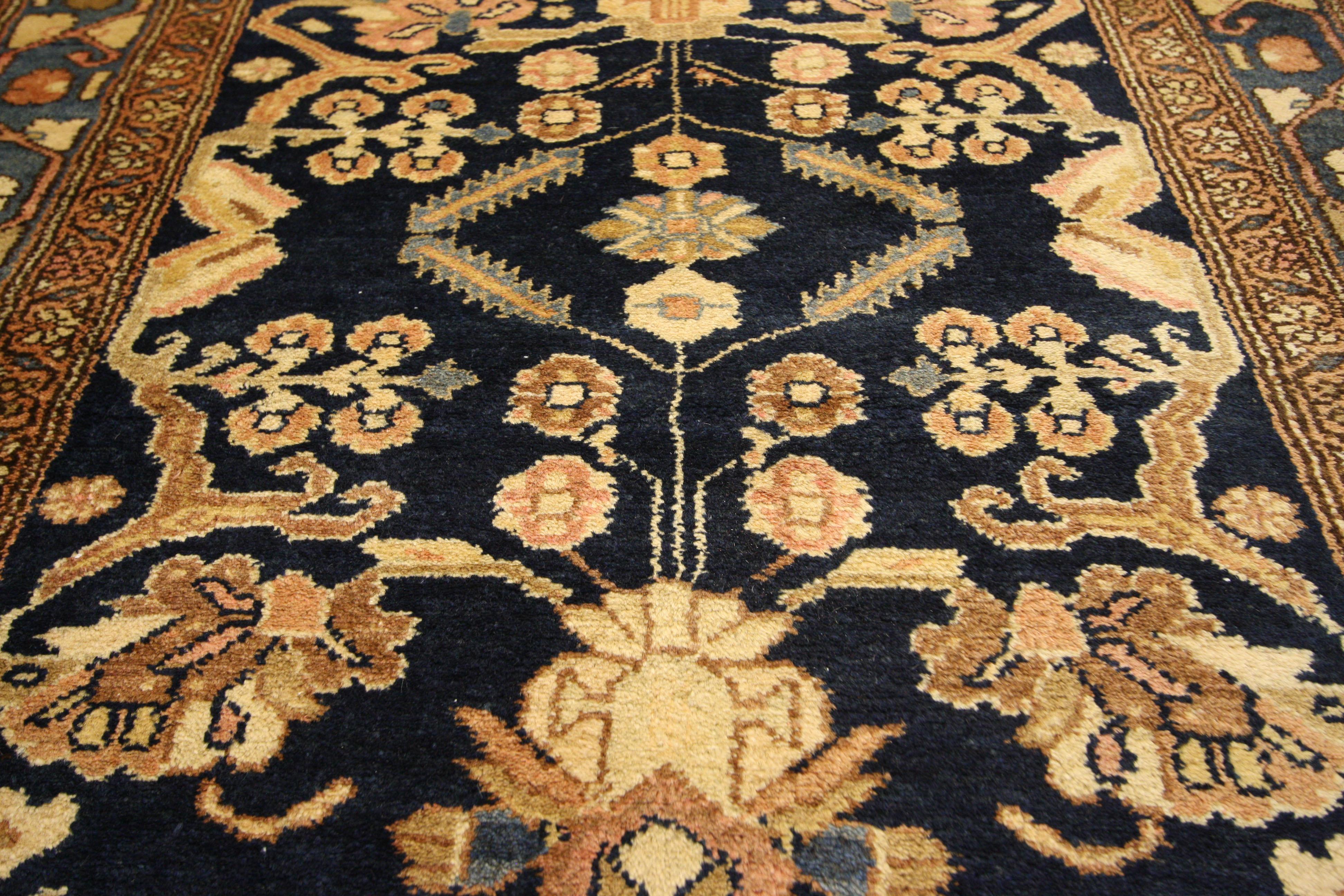 73245 Antique Navy Blue Persian Hamadan Rug Runner, 03'08 x 11'03. Persian Hamadan rugs and carpet runners trace their origins to the storied Hamadan region in Iran, renowned for its illustrious tradition of rug weaving. These meticulously