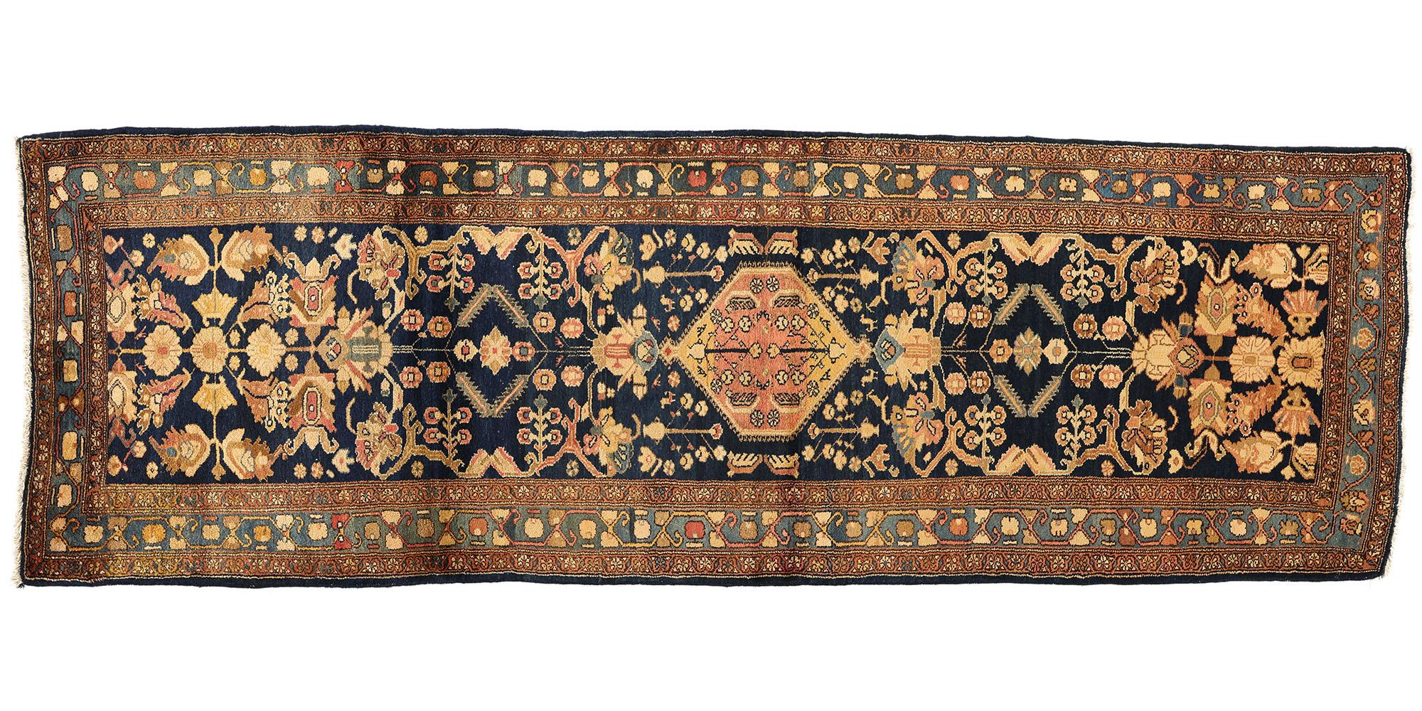 Antique Navy Blue Persian Hamadan Rug Runner, 03'08 x 11'03 In Good Condition For Sale In Dallas, TX