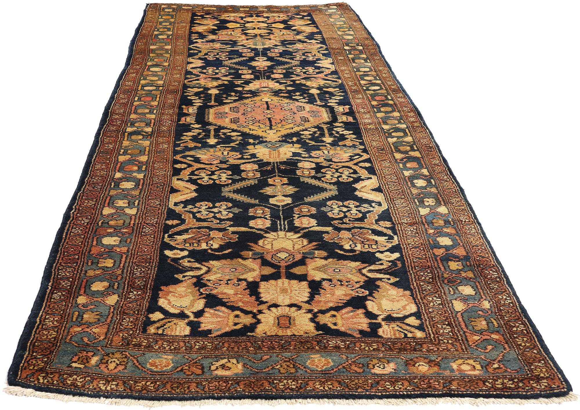 Antique Navy Blue Persian Hamadan Rug Runner, 03'08 x 11'03 For Sale 2