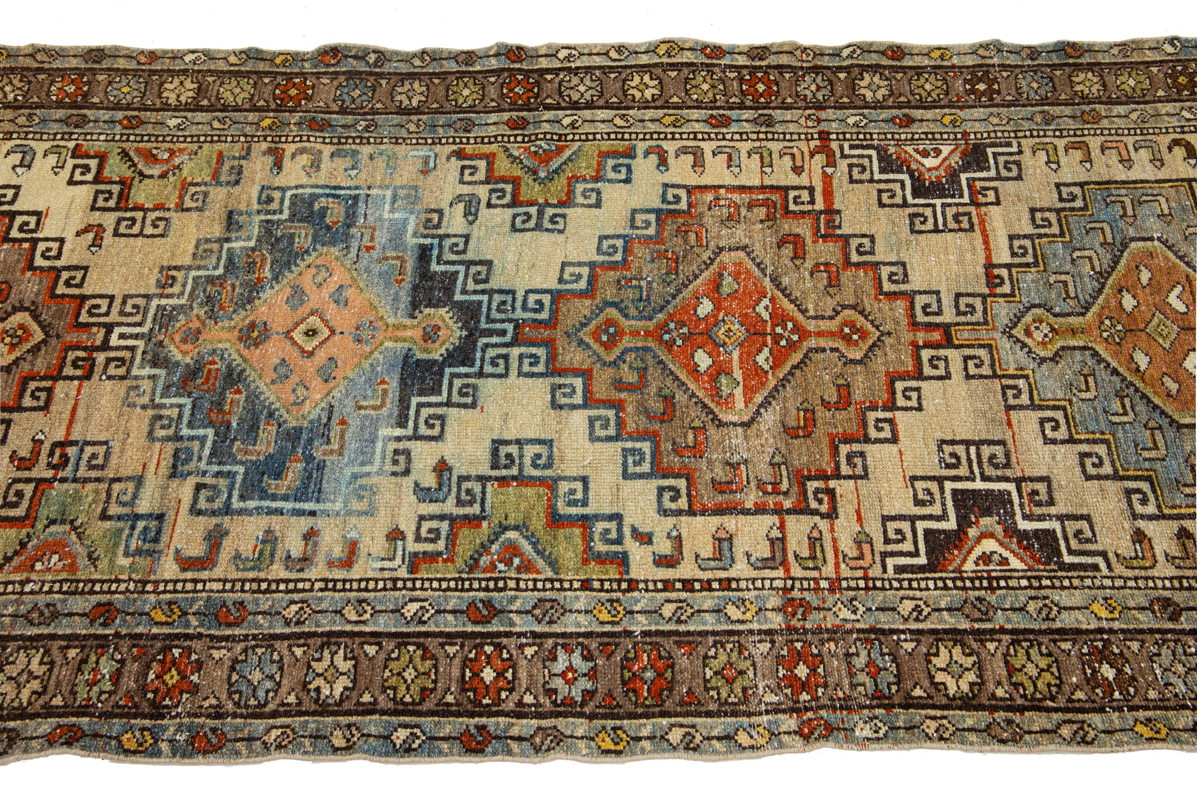Hand-Knotted Antique Hamadan Persian Wool Runner with Multicolor Design  For Sale