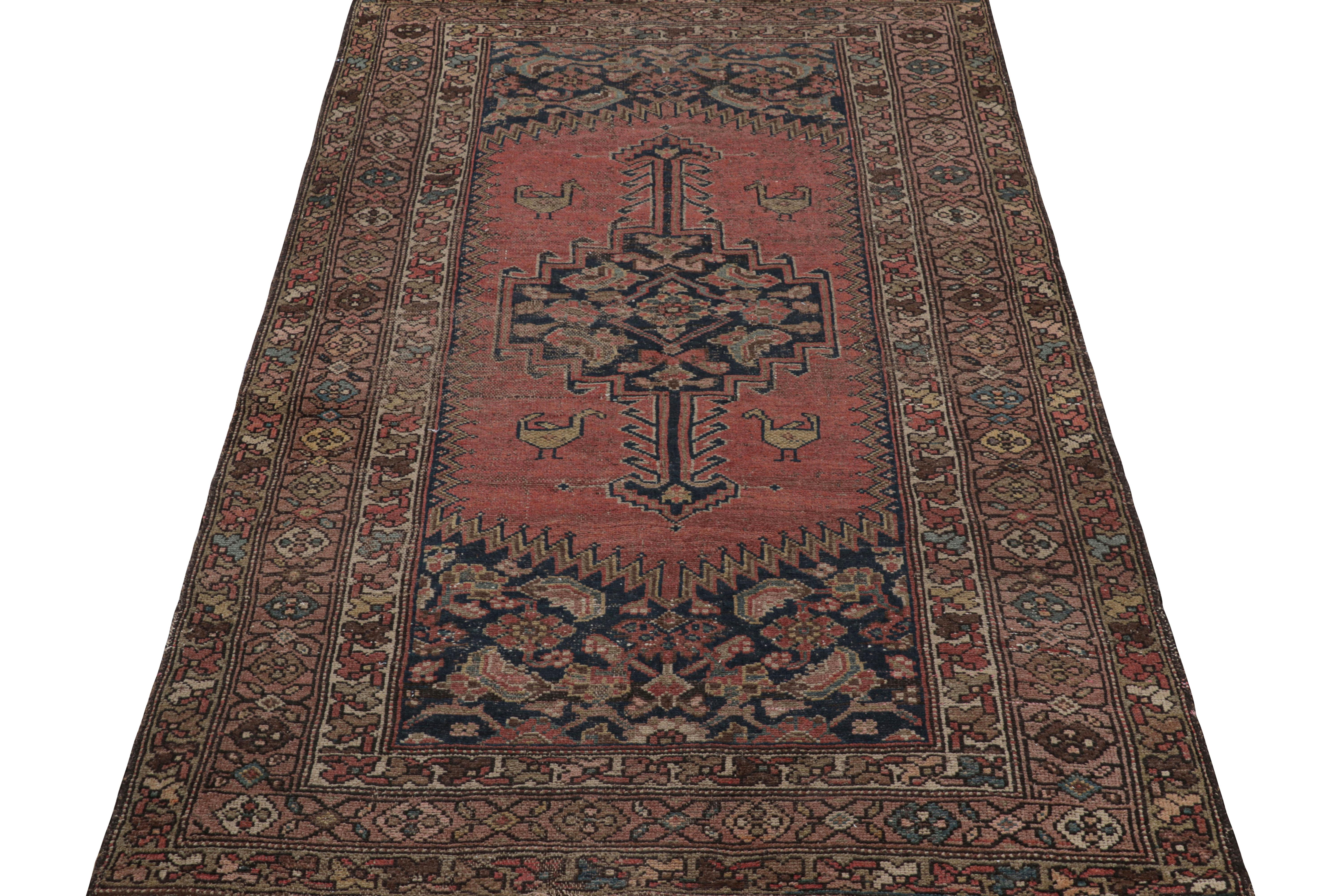Hand-Knotted Antique Hamadan Rug in Blue and Red with Geometric Medallion - Rug & Kilim For Sale