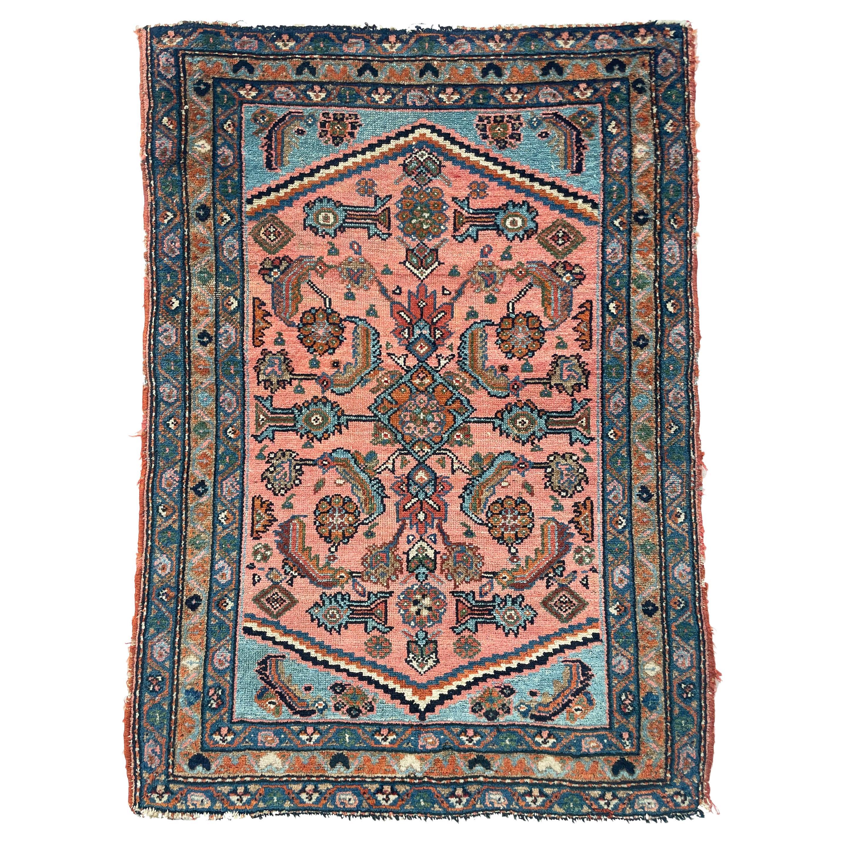 Antique Hamadan Rug with Coral-Pink & Sky Blue Water Garden, c. 1920's