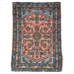 Antique Hamadan Rug with Coral-Pink & Sky Blue Water Garden, c. 1920's