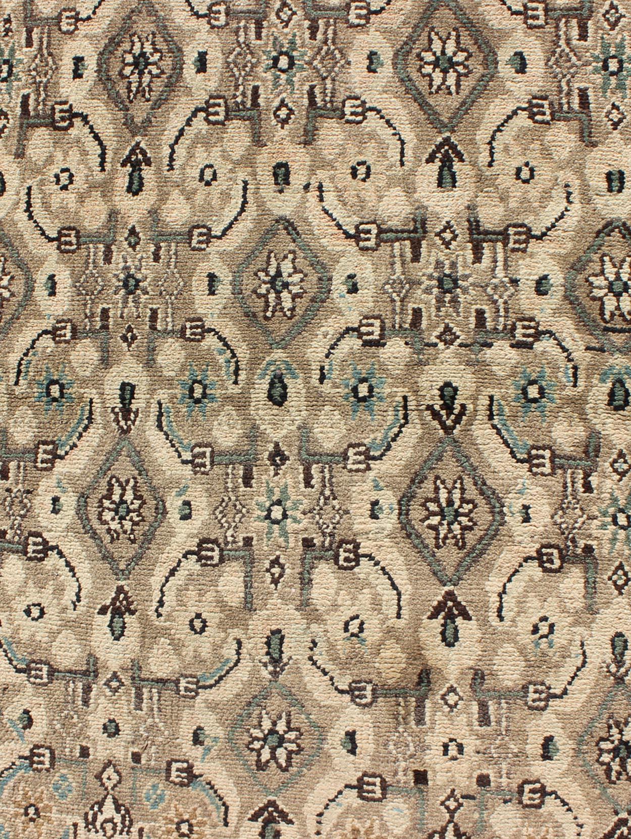Tribal Antique Hamadan Runner in Neutral Warm Tones of Taupe, Brown, L. Brown For Sale