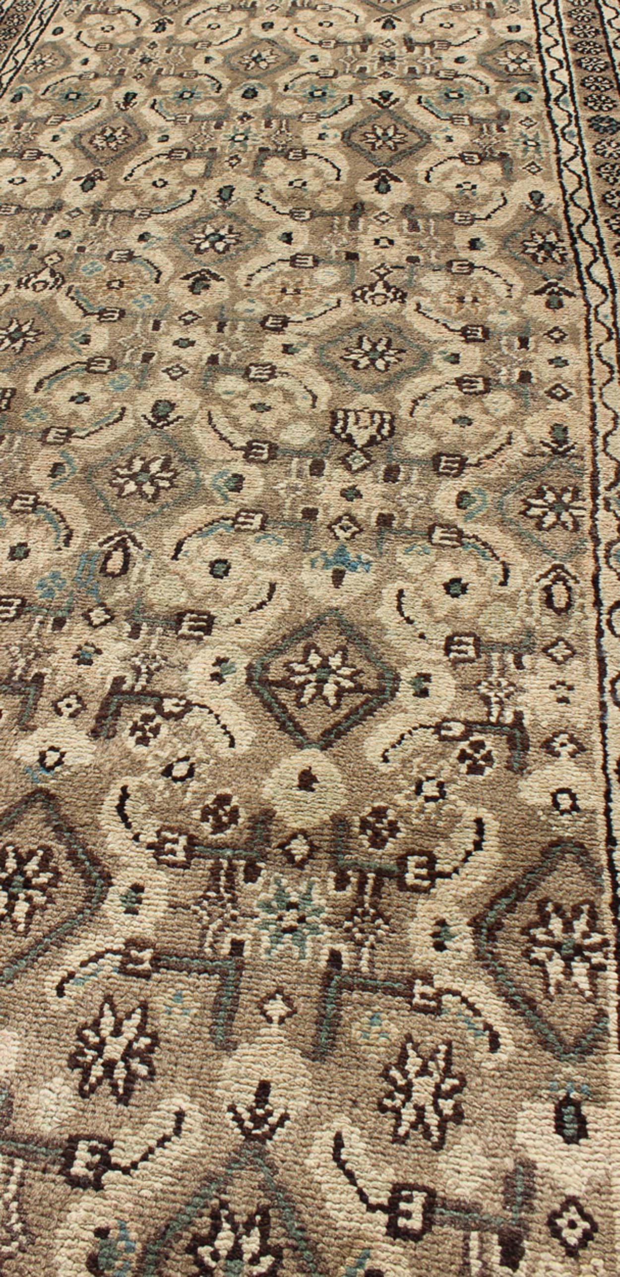 Persian Antique Hamadan Runner in Neutral Warm Tones of Taupe, Brown, L. Brown For Sale