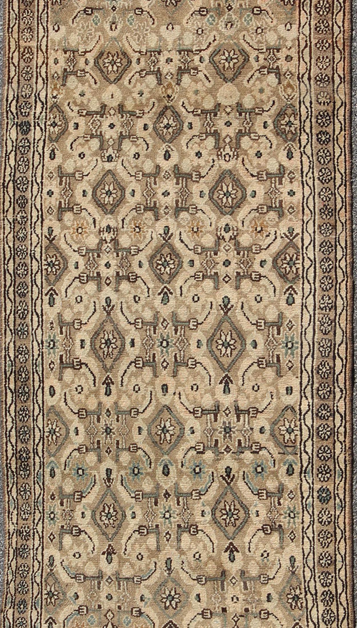 Hand-Knotted Antique Hamadan Runner in Neutral Warm Tones of Taupe, Brown, L. Brown For Sale