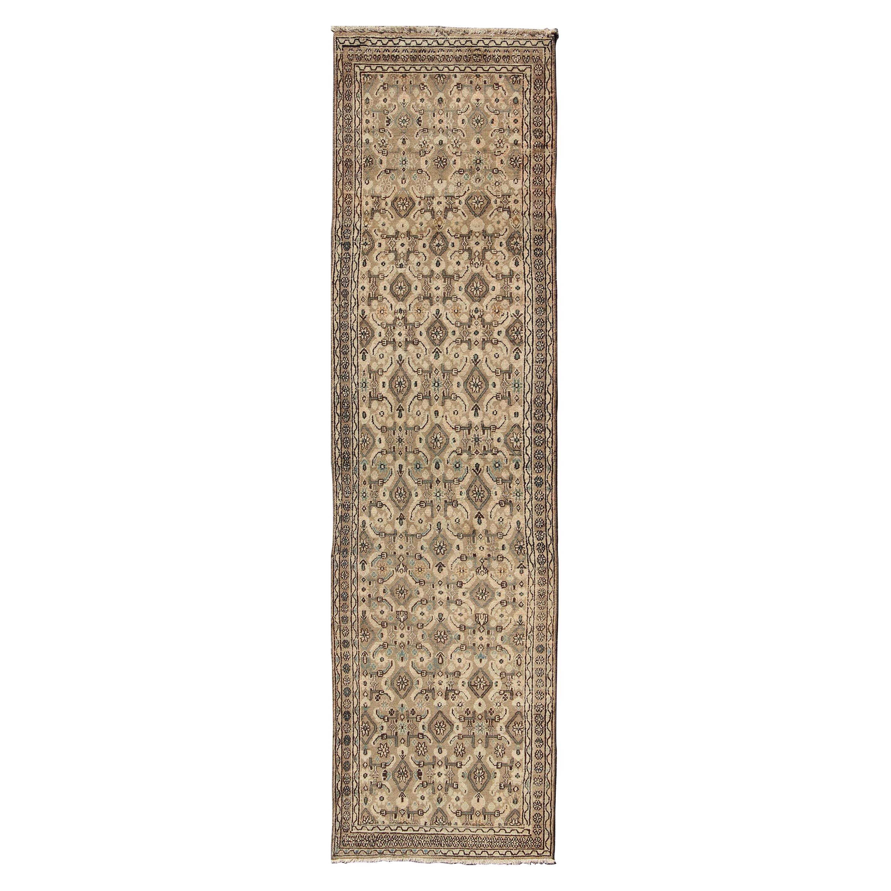 Antique Hamadan Runner in Neutral Warm Tones of Taupe, Brown, L. Brown For Sale