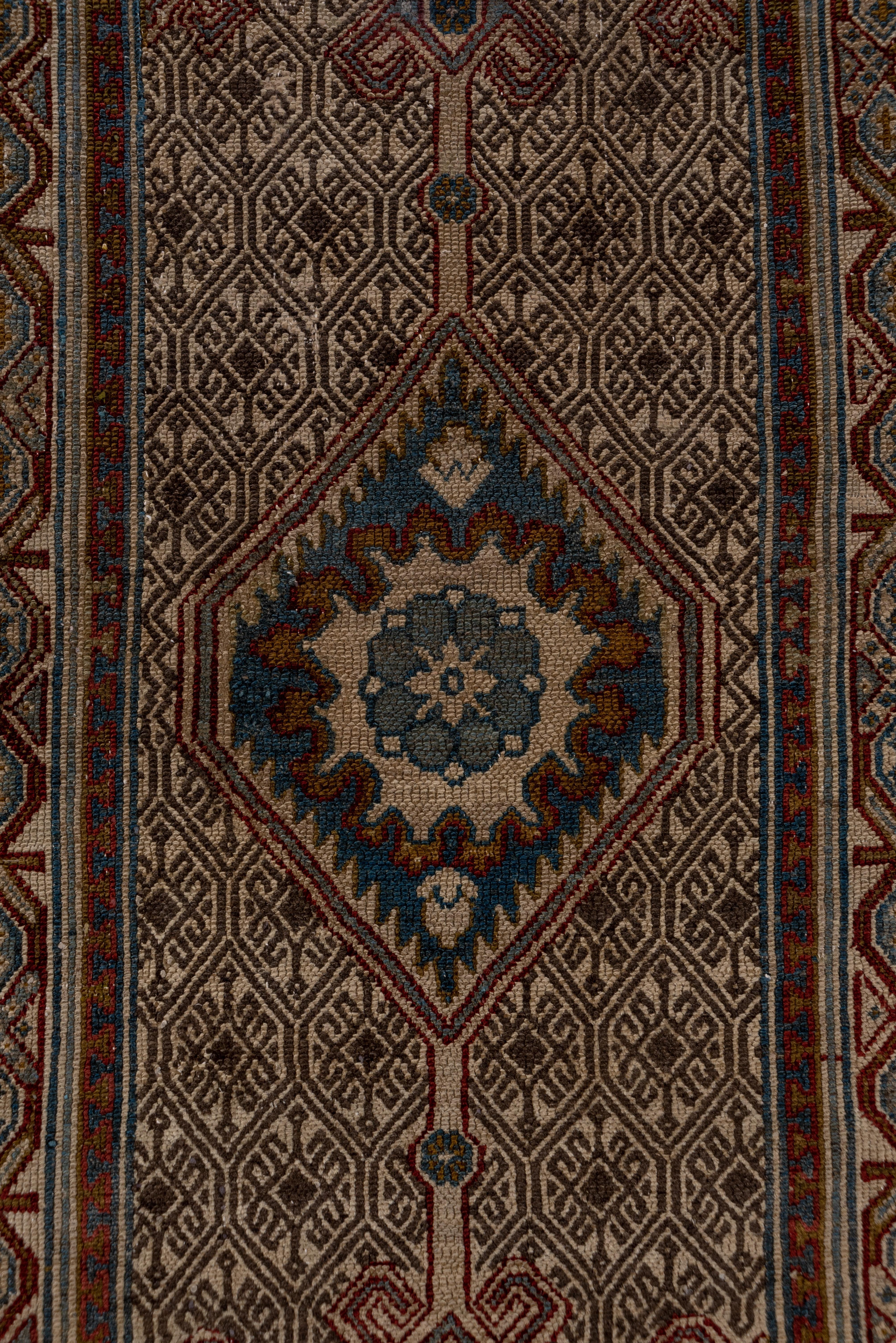 Con un ancho borde exterior liso en tono camel oscuro, este característico corredor de aldea persa occidental muestra tres palmetas desgarradas, cada una dentro de un panel de celosía hexagonal en marfil y camel. Los rellenos azul claro/azul verdoso