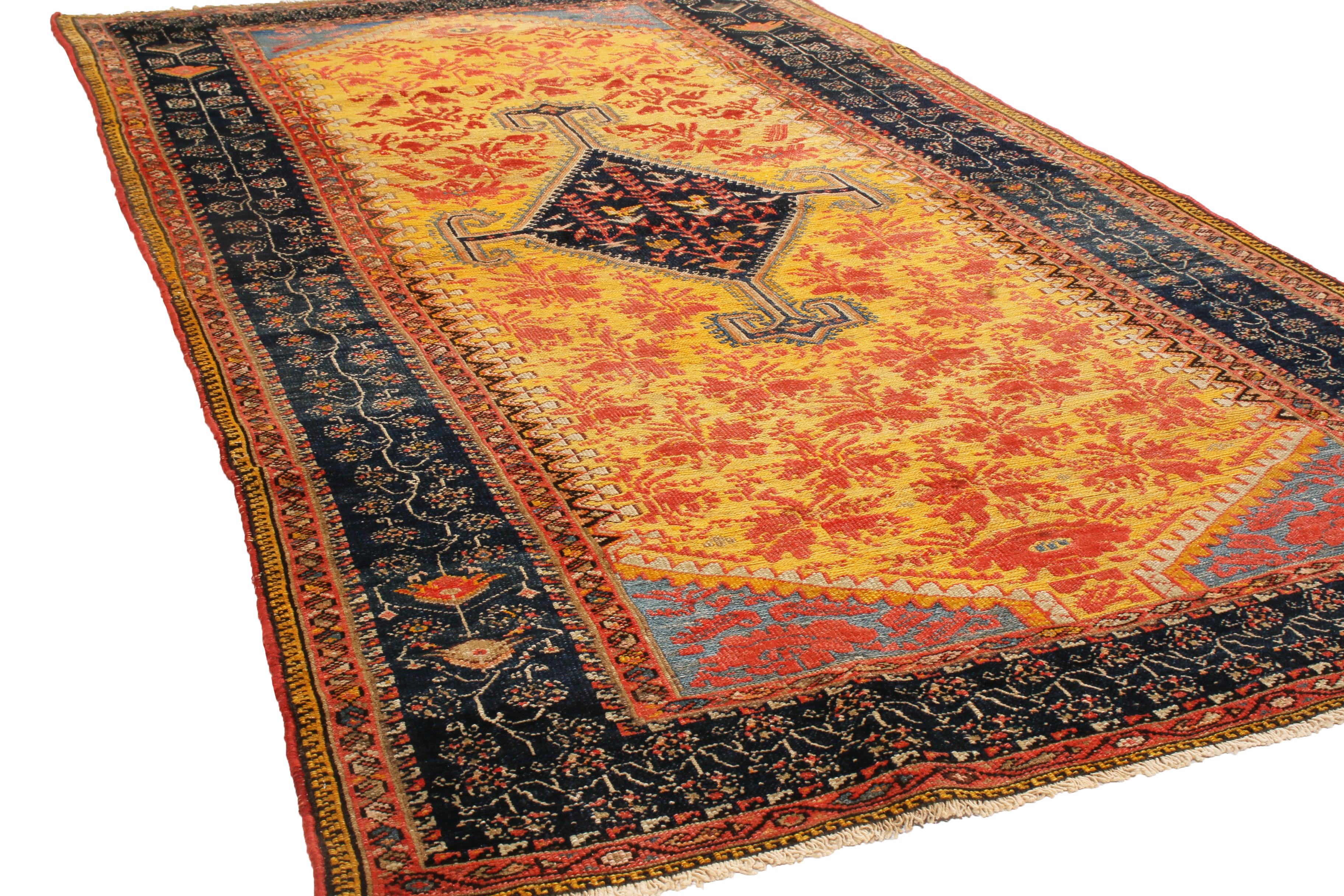 Hand-Knotted Antique Hamadan Traditional Yellow Red Wool Persian Floral Rug by Rug & Kilim For Sale