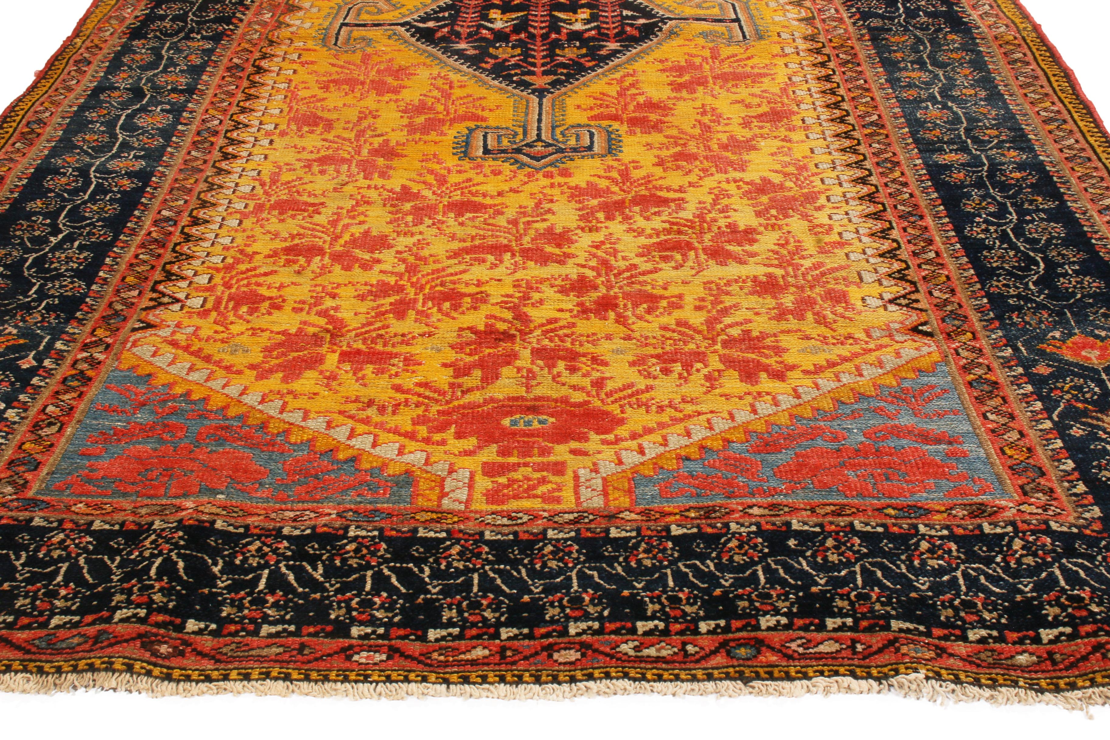 Antique Hamadan Traditional Yellow Red Wool Persian Floral Rug by Rug & Kilim In Good Condition For Sale In Long Island City, NY