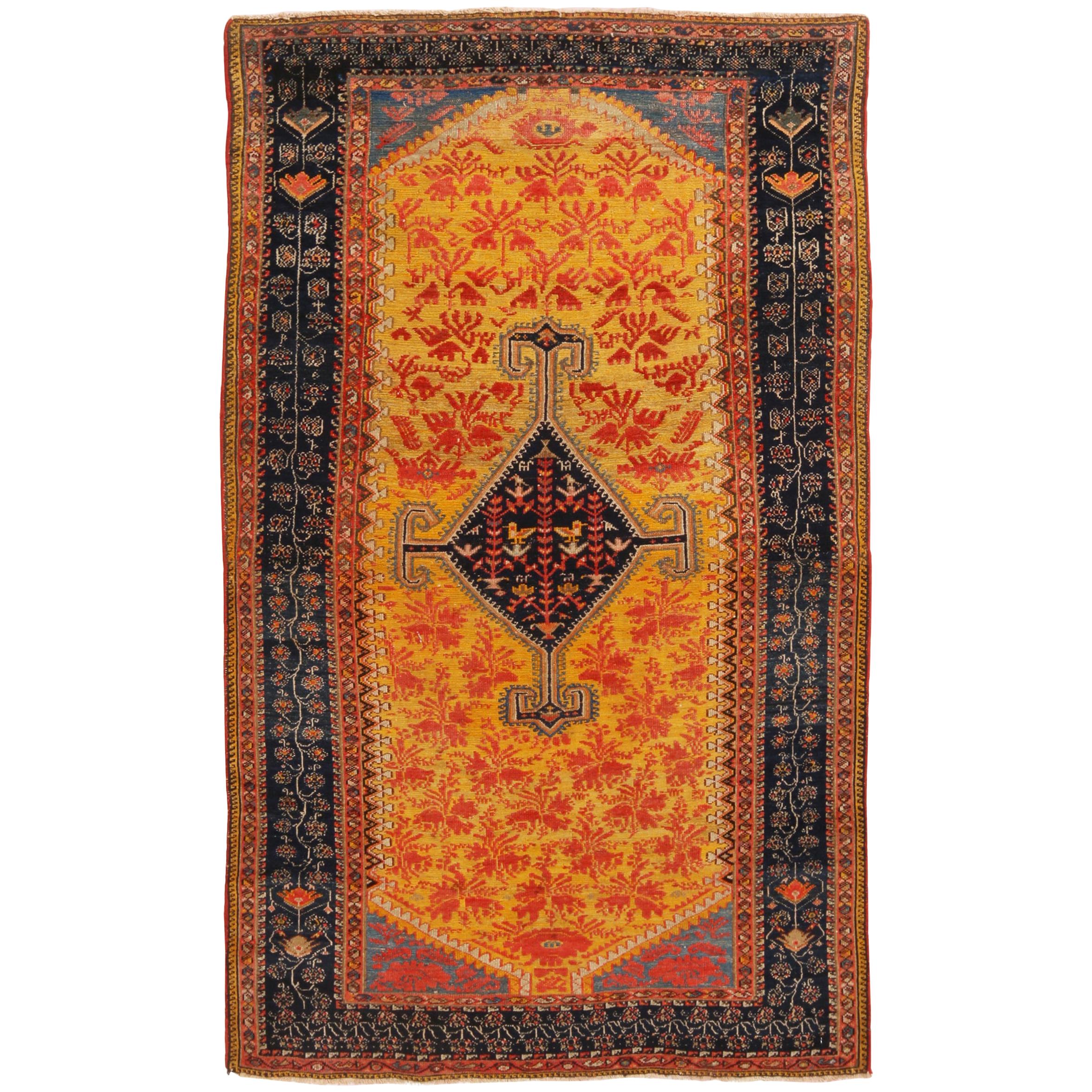 Antique Hamadan Traditional Yellow Red Wool Persian Floral Rug by Rug & Kilim For Sale