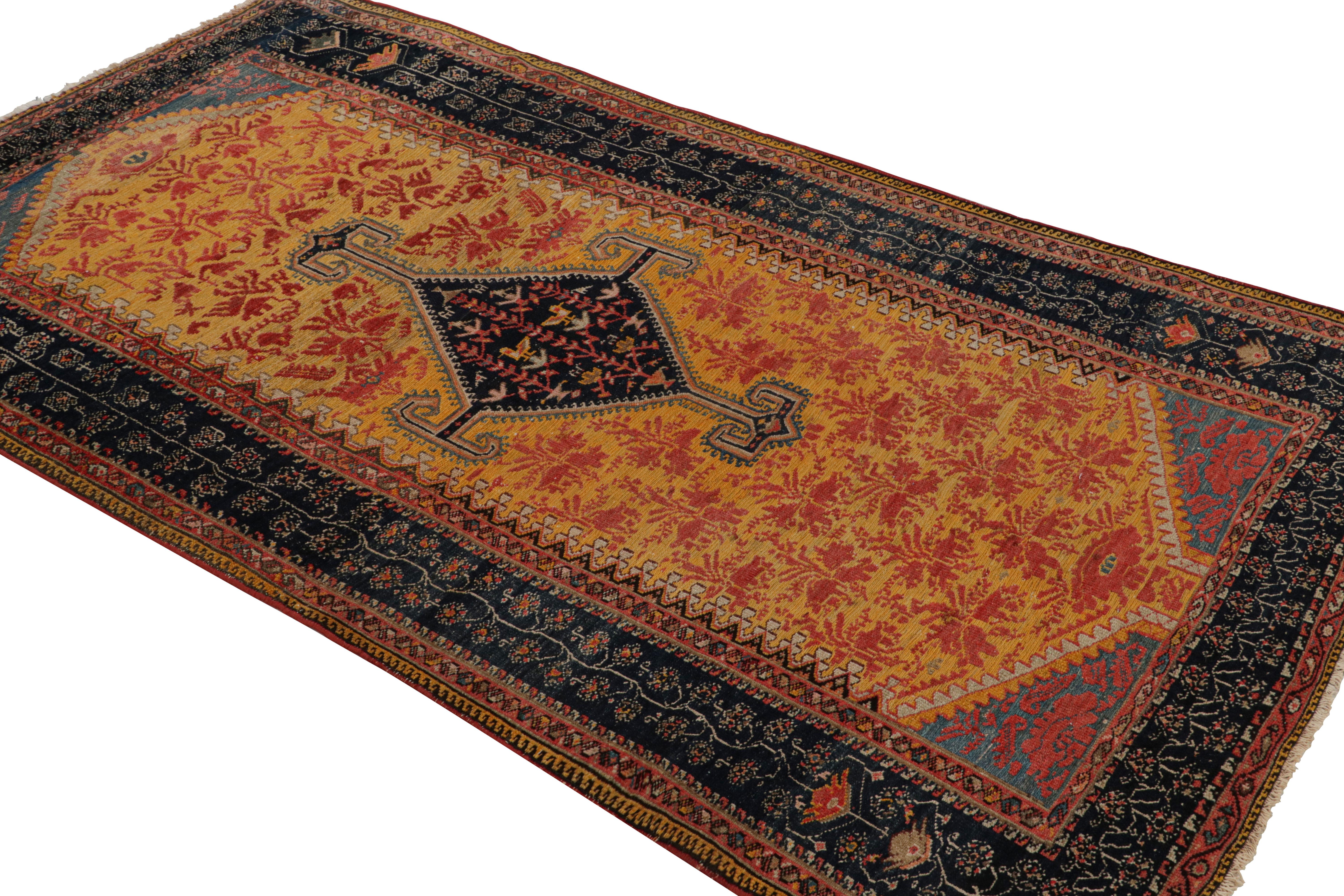 Originating from Persia in 1890, this antique traditional Hamadan Persian rug features a stylistically intriguing variation of the tree of life motif. A once iconic symbol of eternal life often used in rituals and commemorations, this piece’s fig
