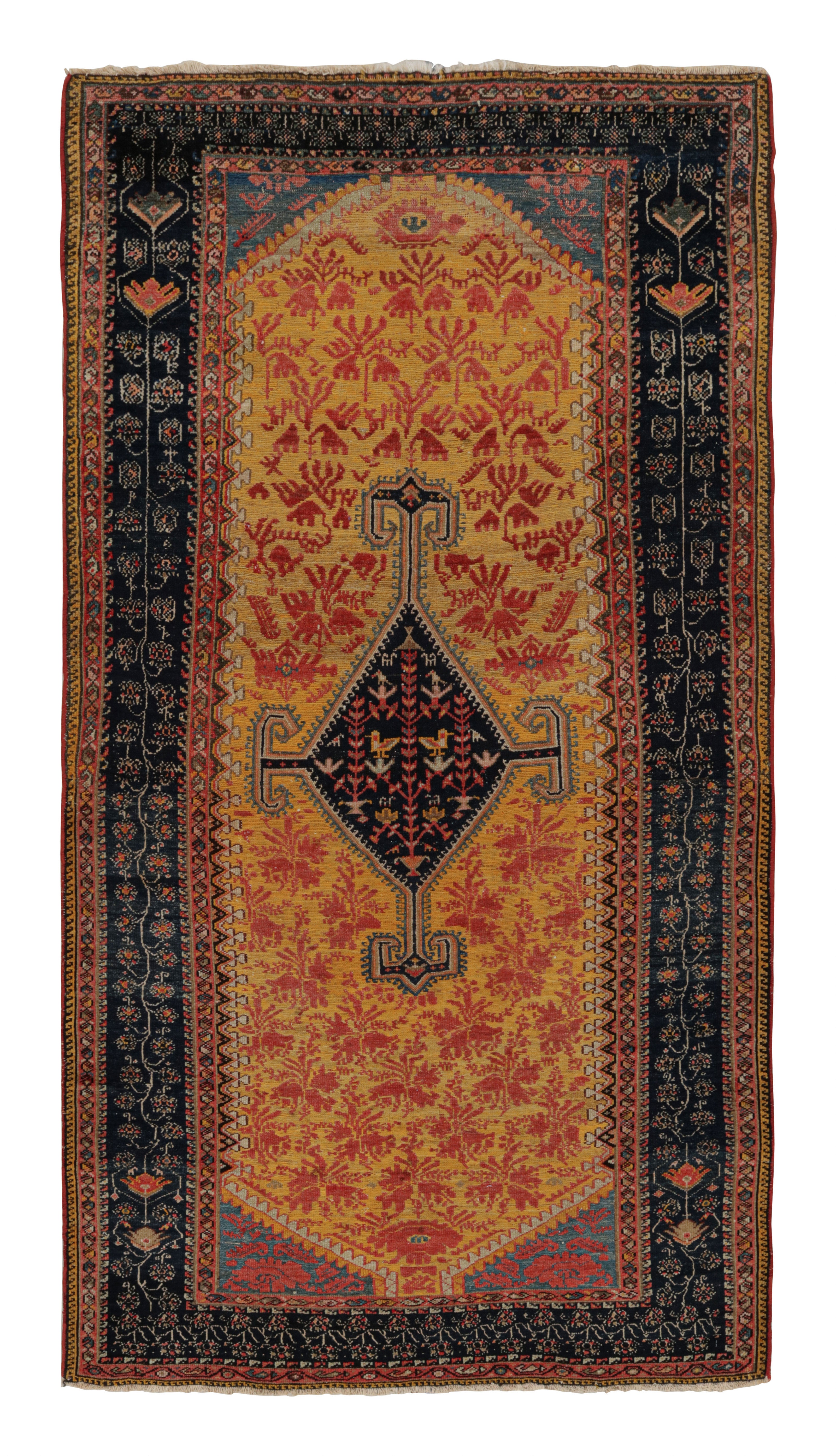 Antico tappeto floreale persiano Hamadan Traditional Yellow Red Wool di Rug & Kilim in vendita