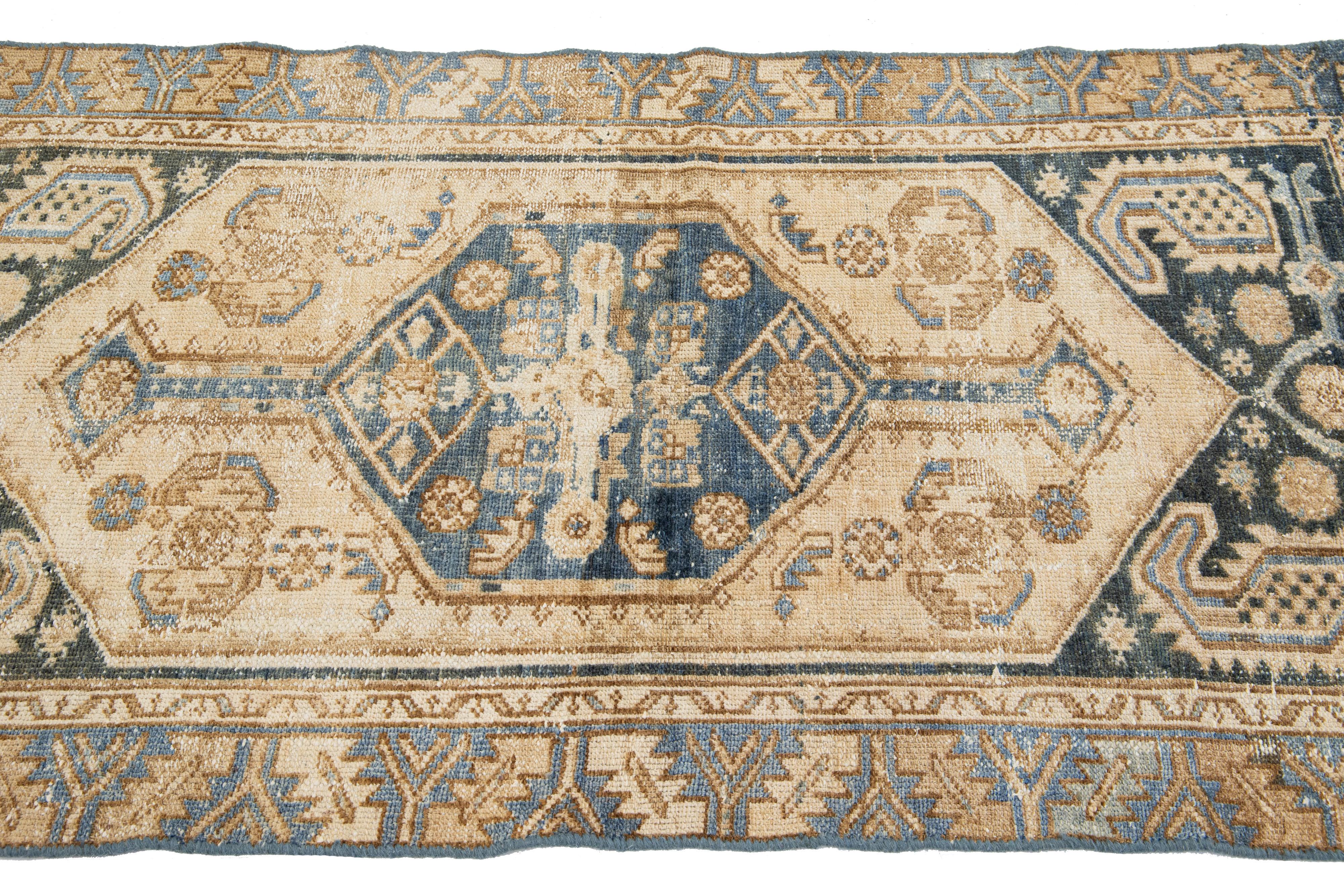 Persian  Antique Hamadan Tribal Wool Rug In Blue and Beige For Sale