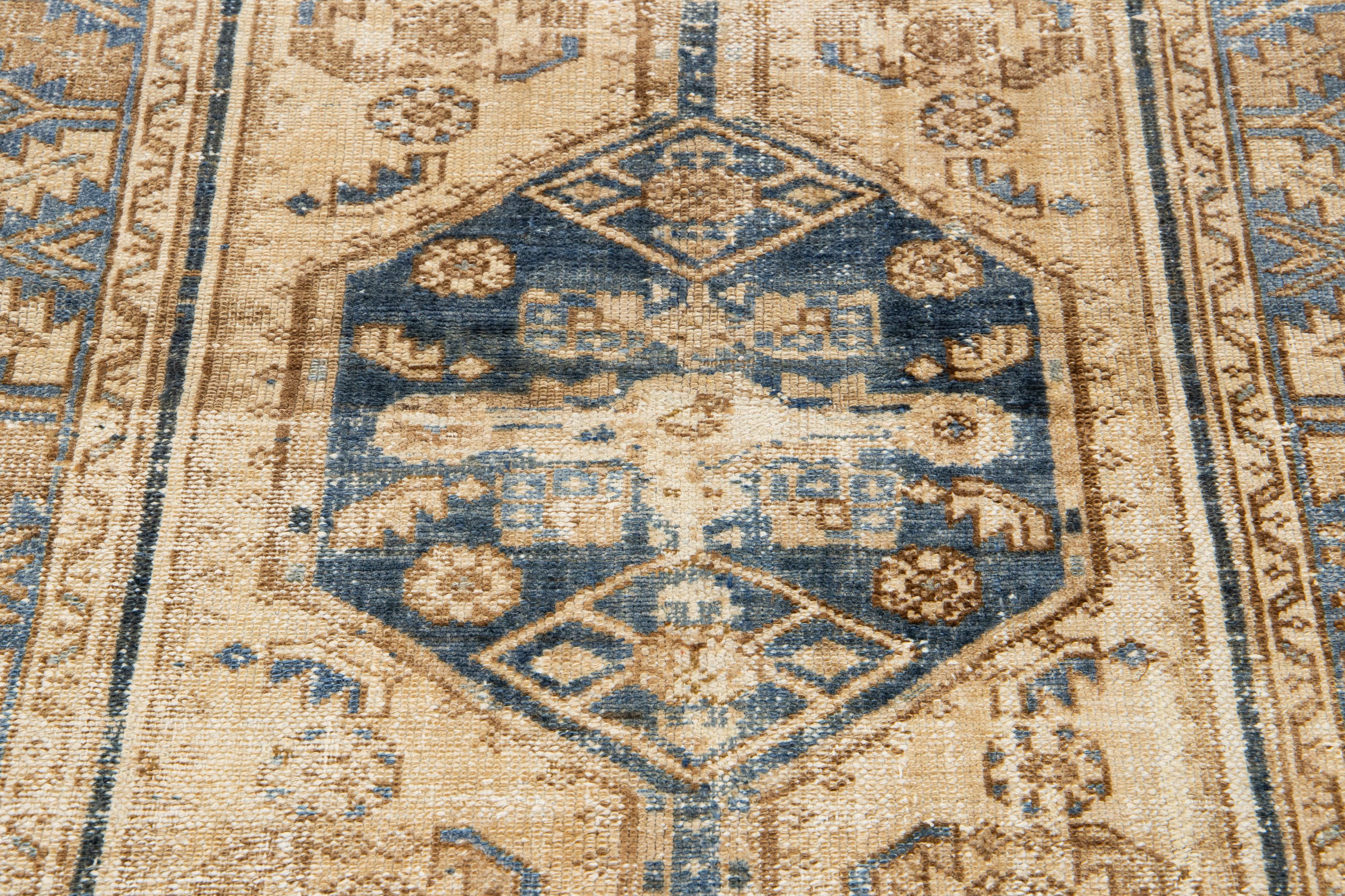  Antique Hamadan Tribal Wool Rug In Blue and Beige In Good Condition For Sale In Norwalk, CT